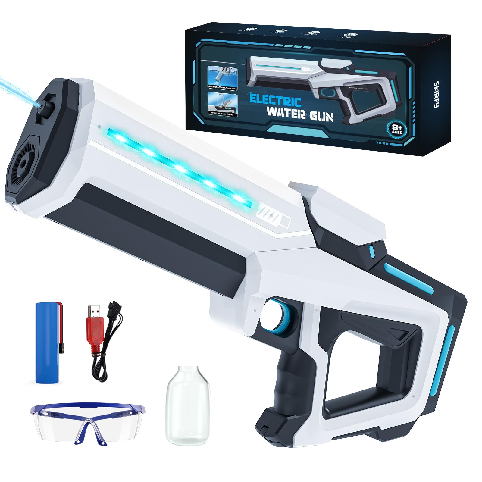 Skirfy Electric Water Gun for Adults Kids,Battery-Powered Squirt Toy with Tank, LED Light,Automatic Water-Absorption,Summer Outdoor Beach Play,Pool Garden Fun for Kids Age 8 9 10 White