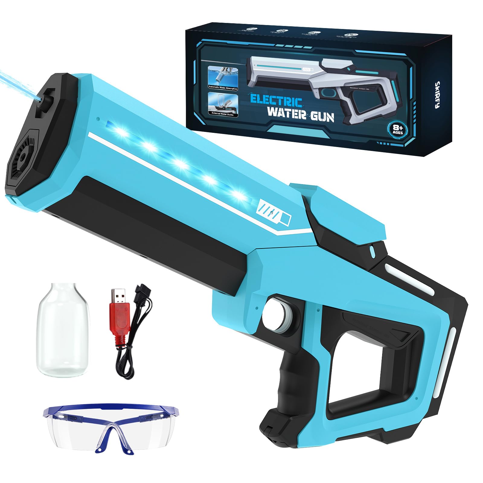 Skirfy Electric Water Gun for Adults Kids,Battery-Powered Squirt Toy with Tank, LED Light,Automatic Water-Absorption,Summer Outdoor Beach Play,Pool Garden Fun for Kids Age 8 9 10 Blue