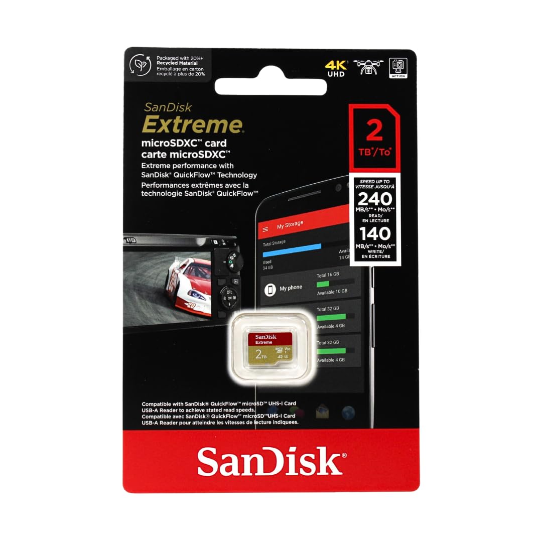 کارت SanDisk Extreme microSDXC UHS-I 2TB سرعت خواندن تا 240 مگابایت بر ثانیه و سرعت نوشتن تا 140 مگابایت بر ثانیه بدون آداپتور