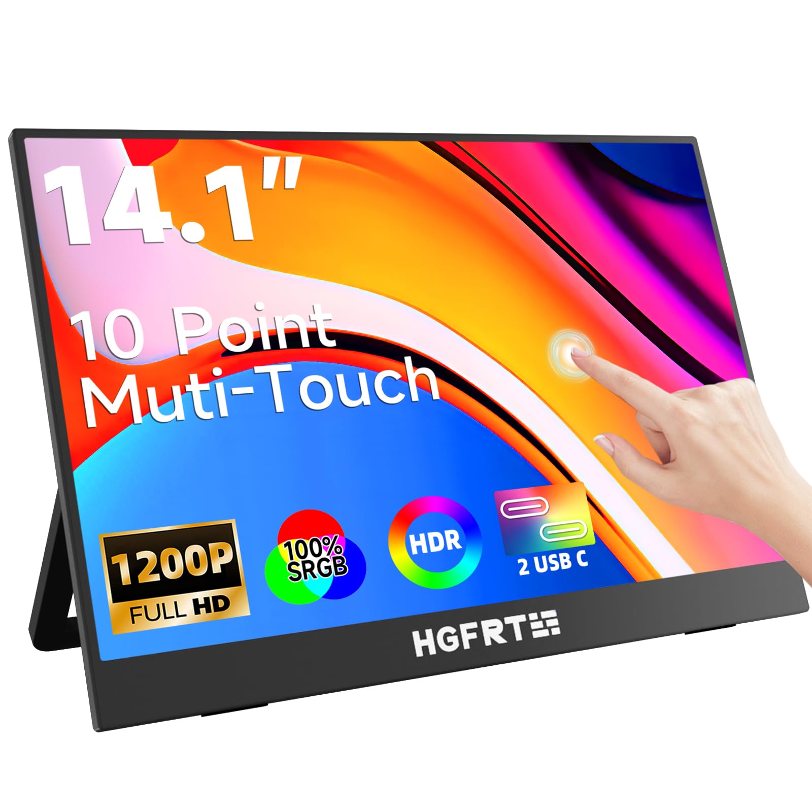 مانیتور لمسی قابل حمل 14 اینچ، صفحه نمایش قابل حمل 1920 × 1200، IPS، 100% sRGB USB C و Mini HDMI، VESA، استند قابل‌تاشو، دو اسپیکر برای لپتاپ/کامپیوتر شخصی/تلفن همراه - 14 اینچ