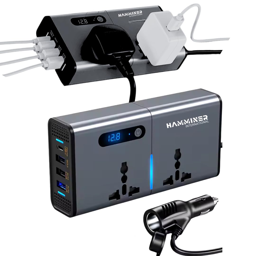 HAMMINER™ 200 وات تبدیل برق خودرو، DC 12 ولت به 220 ولت تبدیل کننده برق خودرو با 3 درگاه USB و 1 درگاه Type-C، آداپتور شارژر خودرو با سوئیچ و صفحه نمایش LED جریان، مناسب برای خودروها، دی اس یو و کامیون