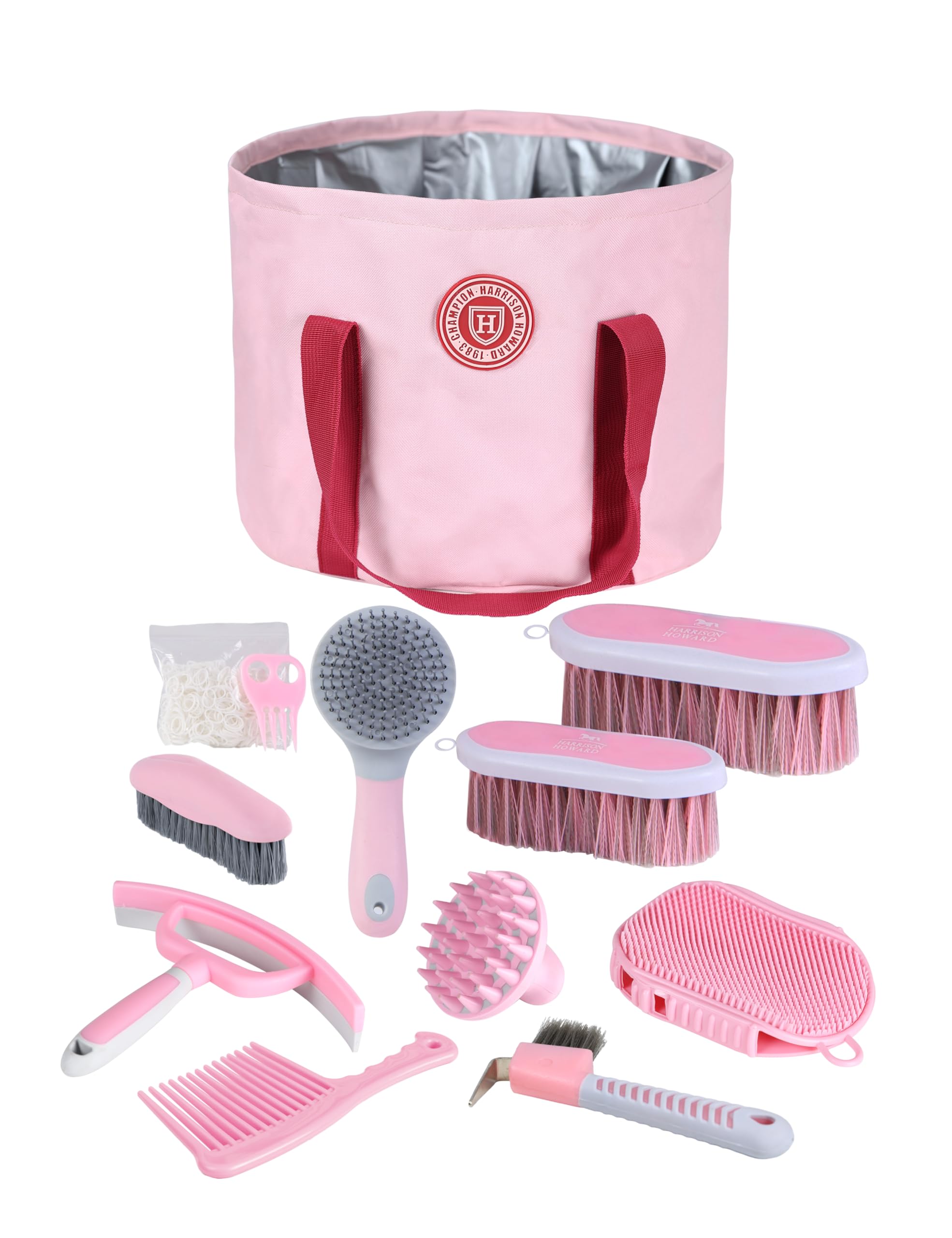 دسته مراقبت اسب Harrison Howard Horse Grooming Kit 9-Piece سری مراقبت از اسب مجموعه تایم ها بگل متصل کننده با تکه چرمی گوساله گوشتی از اسب - صورتی (کیف اسب)