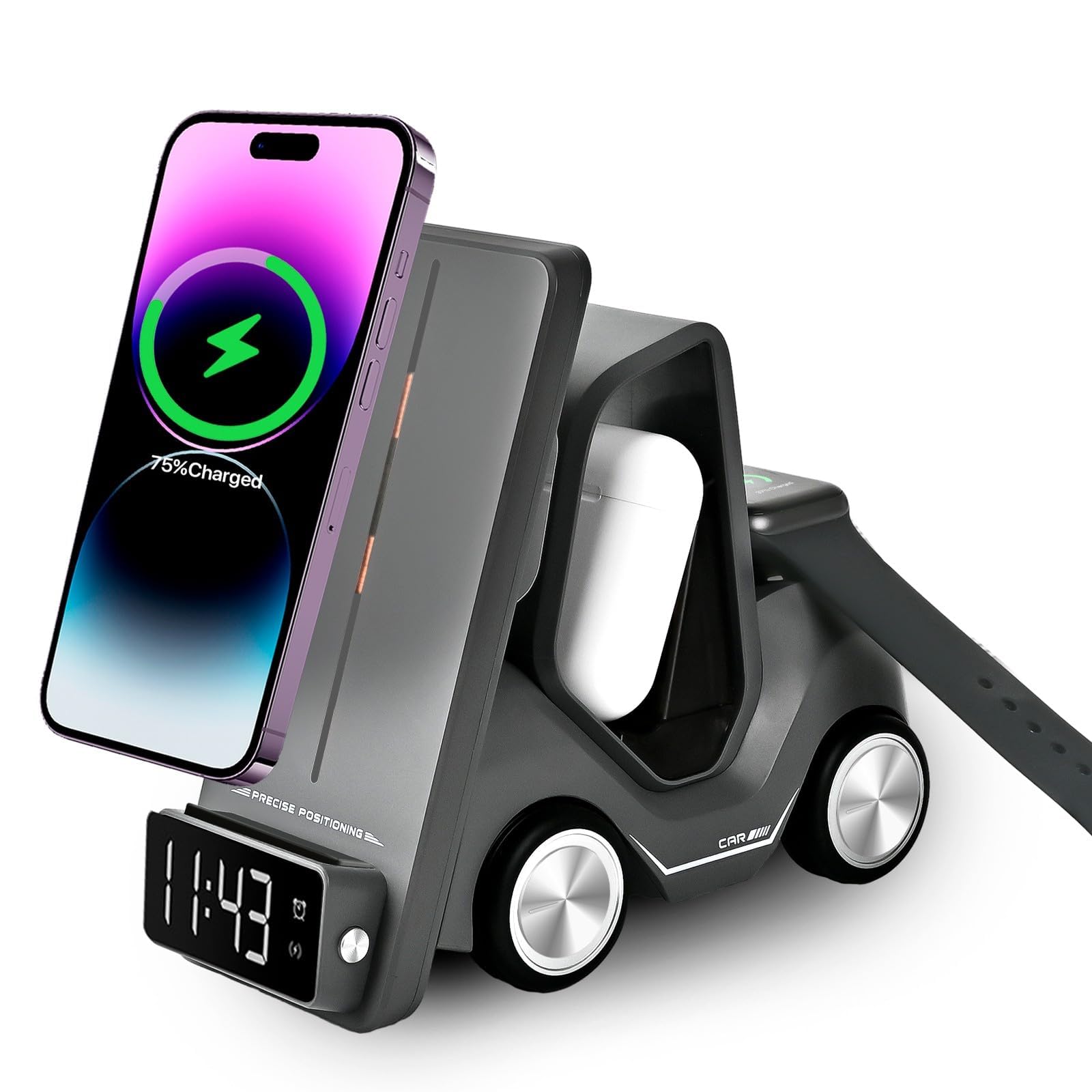 شارژر بی‌سیم 3 در 1 KASTWAVE، شارژ سریع برای آیفون 16/15/14/13/12، برای Airpods 4 3 2 Pro، Apple Watch، با ساعت هشدار و نور، طراحی فورک لیفت (خاکستری)