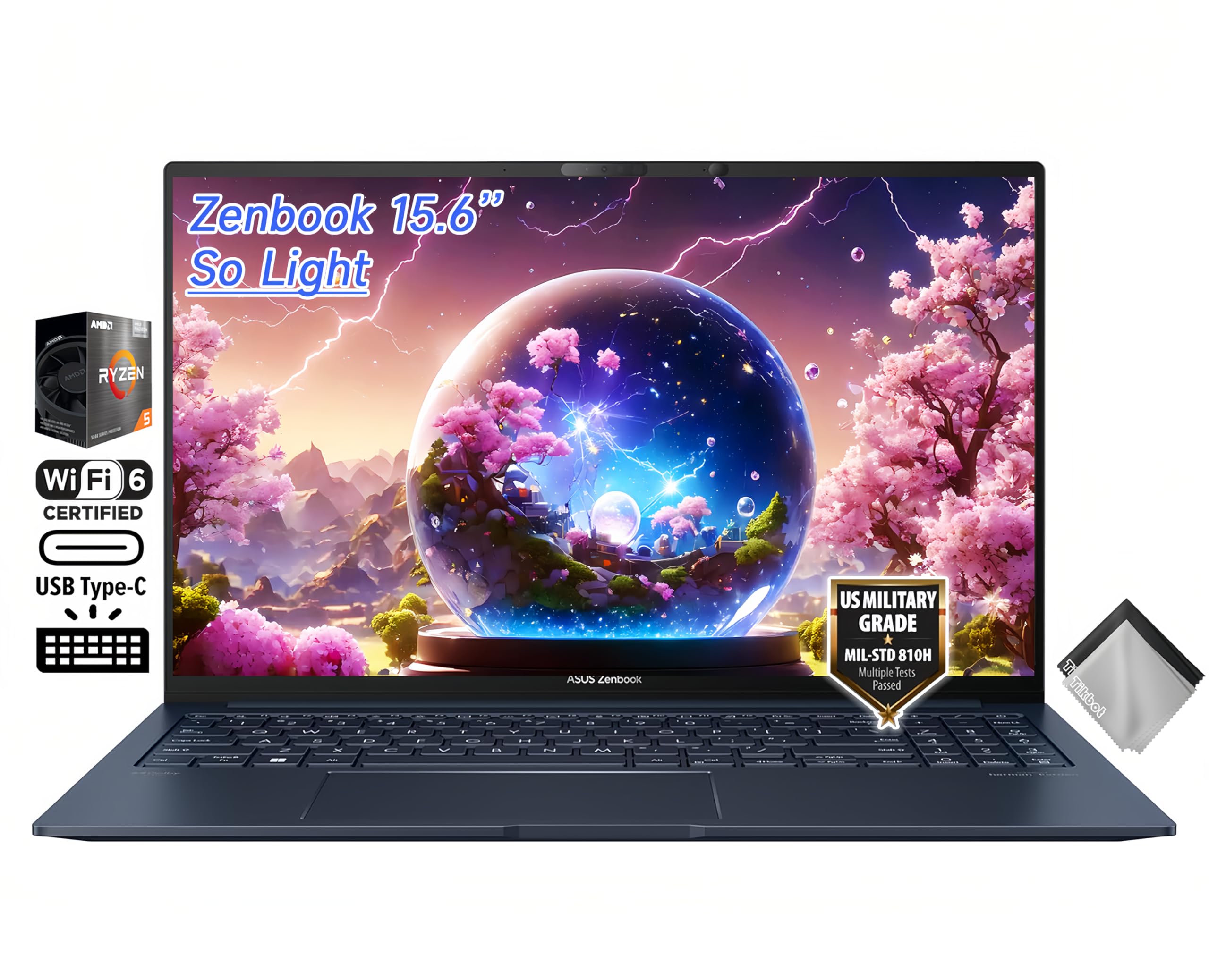لپ تاپ نازک تجاری ASUS Zenbook 15، صفحه نمایش 15.6 اینچی FHD 100٪ sRGB، AMD Ryzen 5 7535U، صفحه کلید دارای نور پس زمینه، Wi-Fi 6E، USB C، ویندوز 11 Home، همراه با پارچه (16GB LPDDR5 RAM | 1TB SSD)