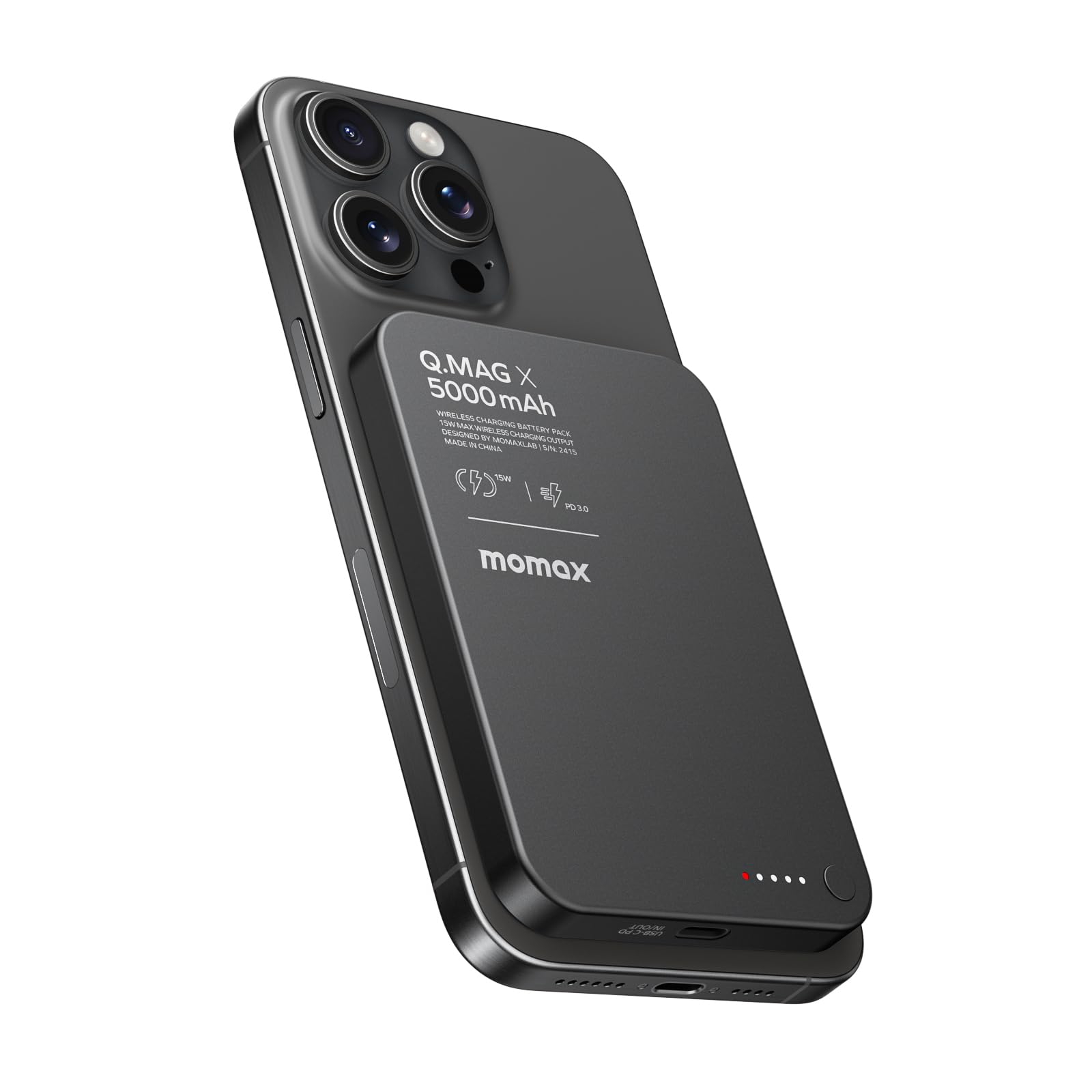 پاور بانک مغناطیسی MOMAX، شارژر قابل حمل بی‌سیم 5000mAh، باتری شارژ سریع با سرعت 20 وات، سازگار با Magsafe، مدل‌های iPhone 15/14/13/12، کابل شارژ USB C 5000mAh مشکی همراه