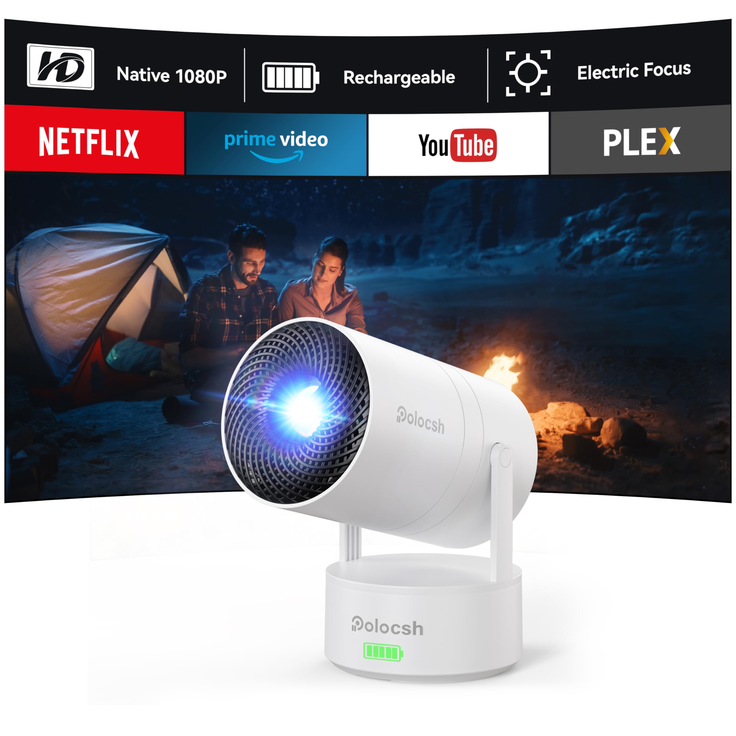 پروژکتور قابل حمل Polocsh Mini، شارژی با پشتیبانی از 4K، خودکار Keystone، پروژکتور کوچک اندروید 11 با وای فای و بلوتوث، فوکوس برقی تئاتر خانگی برای آیفون - سفید