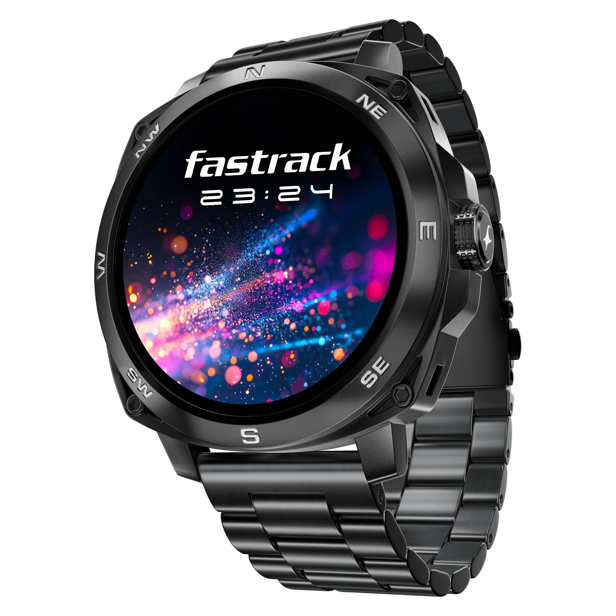 ساعت هوشمند Fastrack Radiant FX3، نمایشگر گرد AMOLED با قطر 3.63 سانتیمتر، تماس بلوتوث، بند فلزی سیاه (سیاه)