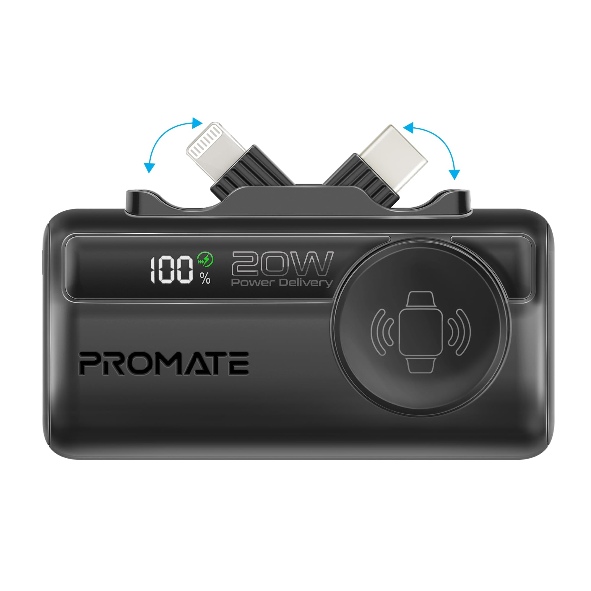 پاور بانک Promate، 5000 میلی آمپر ساعت مینی پاور بانک با پورت USB-C 20 واتی ورودی/خروجی قابل تاشه، پورت فولدیبل لایتنینگ 12 واتی، پورت USB-C 20 واتی ورودی/خروجی فوق سریع، نمایشگر LED ورودی/خروجی، مدل PowerUp-Trio سیاه