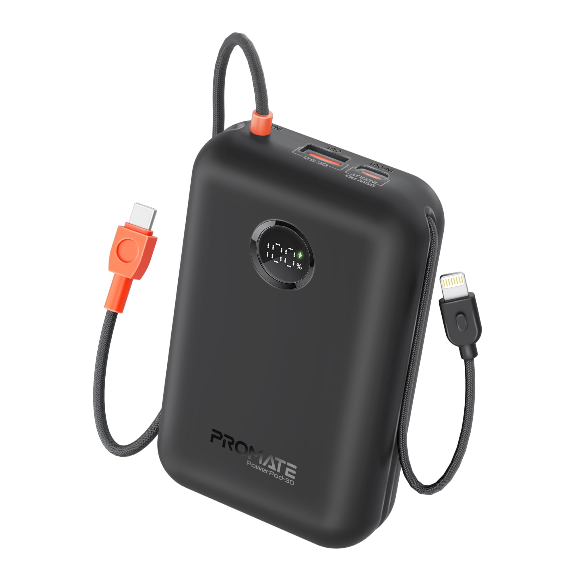 پاور بانک Promate Ultra-Fast 30000mAh با کابل های PD35W USB-C و Lightning 27W داخلی، خروجی PD35W، تکنولوژی شارژ Qualcomm Quick 22.5W، حفاظت در برابر اضافه حرارت - (مشکی)