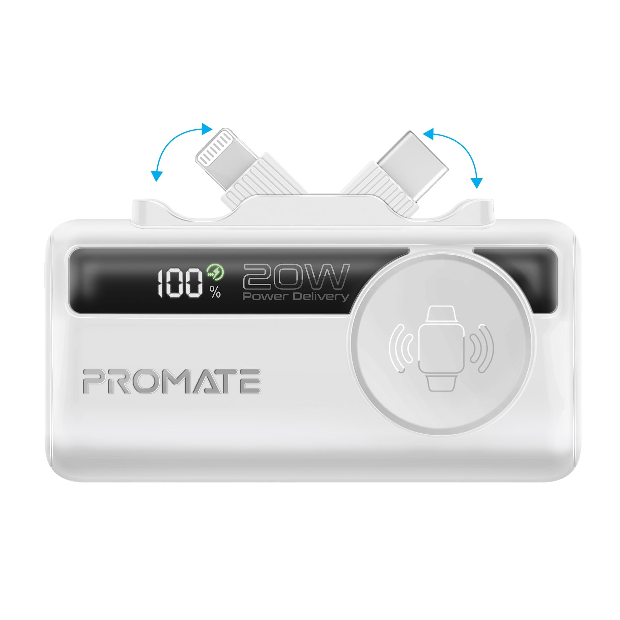 پاور بانک Promate، پاور بانک 5000 میلی آمپر با کانکتور قابل انعطاف 20 وات USB-C ورودی/خروجی، کانکتور قابل انعطاف 12 وات Lightning، پورت ورودی/خروجی 20 وات USB-C فوق العاده سریع، نمایشگر LED، PowerUp-Trio سفید
