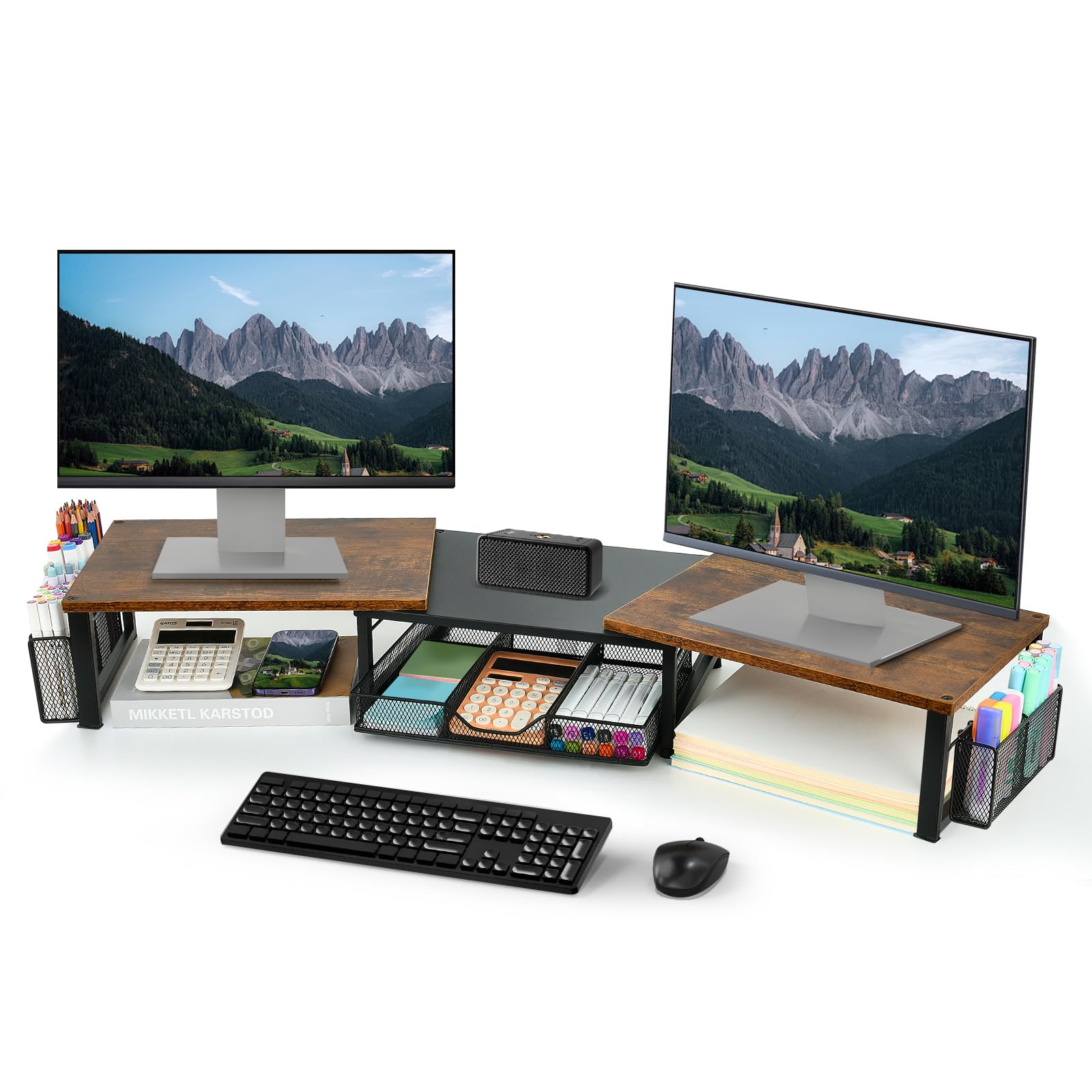 OPNICE Desk Dual Monitor Stand Riser - ارگانایزر میز با دراور و محفظه قلم، لوازم جانبی میز اداری و سازماندهی فضای کاری، سازماندهی اداری ایستاده کامپیوتر برای لپ تاپ، چاپگر، تلویزیون، چوب قهوه ای با دراور و محفظه قلم