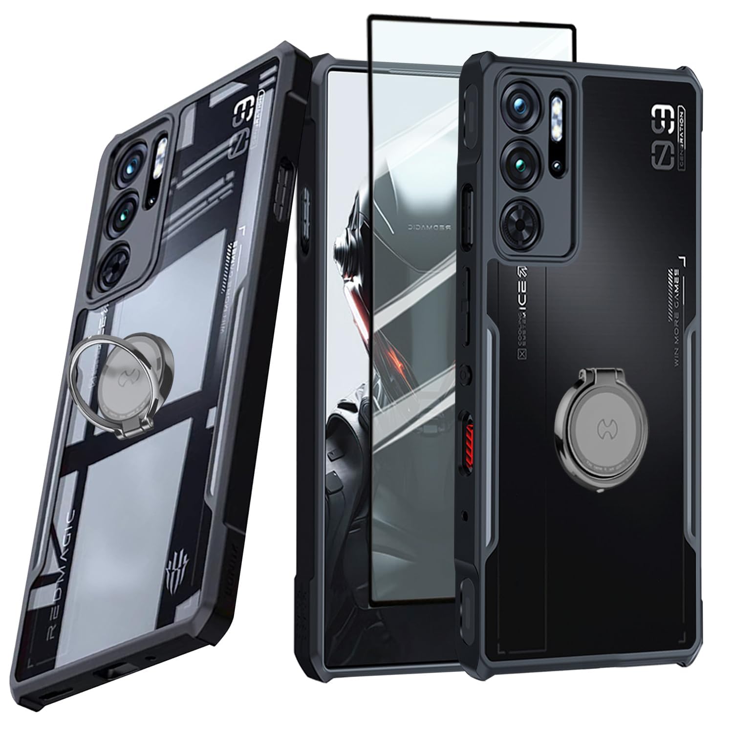 برای ZTE Nubia Red Magic 9 Pro / 9 Pro+ / 9S Pro / 9S Pro+، قاب و محافظ صفحه تصویر Accessorize، استند حلقه‌ای 360 درجه TPU+PC ضد ضربه و ضد اثر انگشت با پوشش مات پشتی / مشکی شفاف