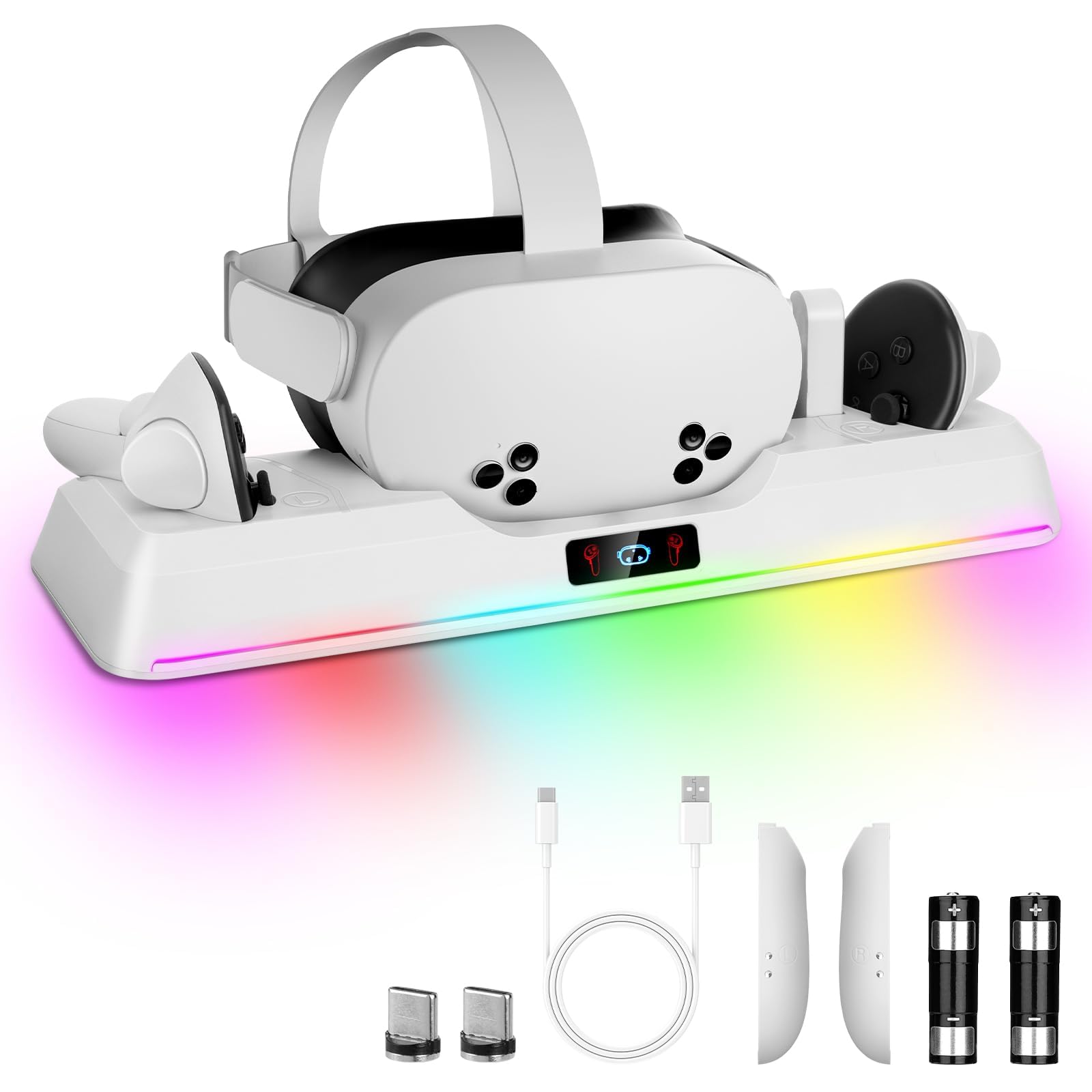 شارژر VR برای کوئست 3 اس، ایستگاه شارژ برای اوکولوس/متا کوئست 3 اس با مغناطیس، ایستگاه شارژ برای هدست و کنترلرهای واقعیت مجازی، لوازم جانبی کوئست 3 اس با نورپردازی RGB، 1800 میلی آمپر با 2 باتری