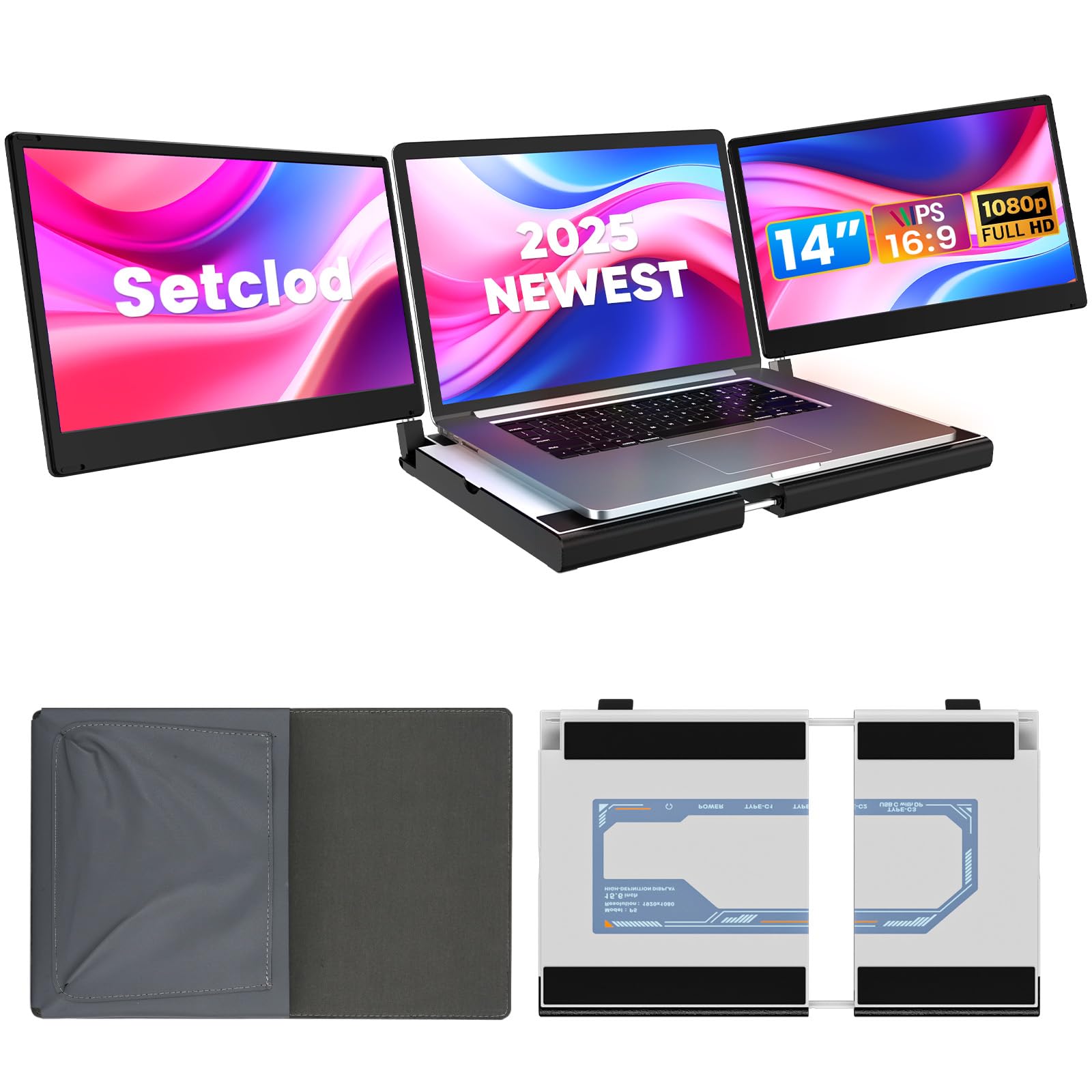 صفحه نمایش لپ تاپ Setclod 14 اینچ FHD 1080P، سه صفحه، قابل حمل، سازگار با مک، ویندوز، کروم.