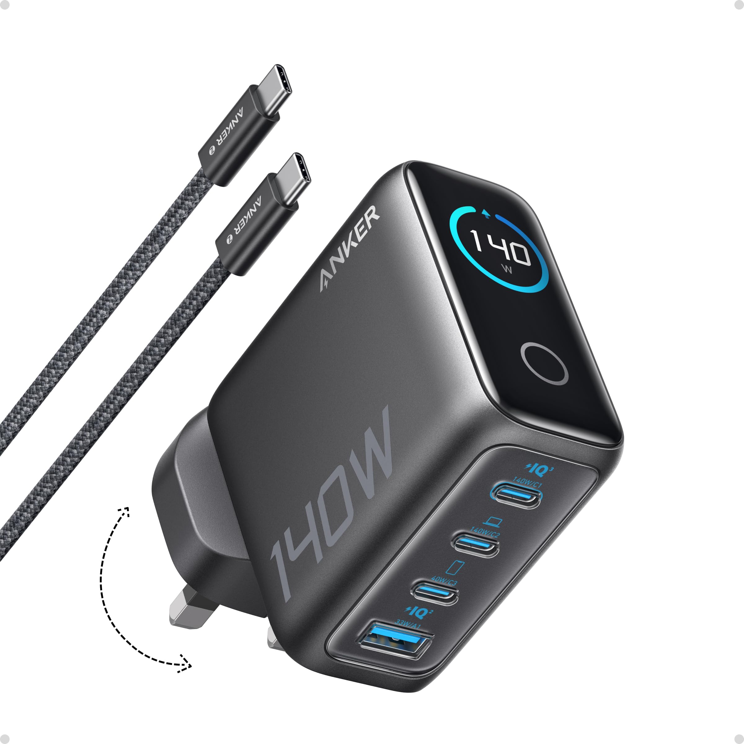 شارژر USB C 140W انکر، شارژر لپتاپ، شارژر 4 درگاهی چند دستگاهی، شارژ سریع پیشرفته GaN، کنترل لمسی حسیم، سازگار با مک‌بوک، آیفون 17 سری، سامسونگ، پیکسل و دیگر دستگاه‌ها