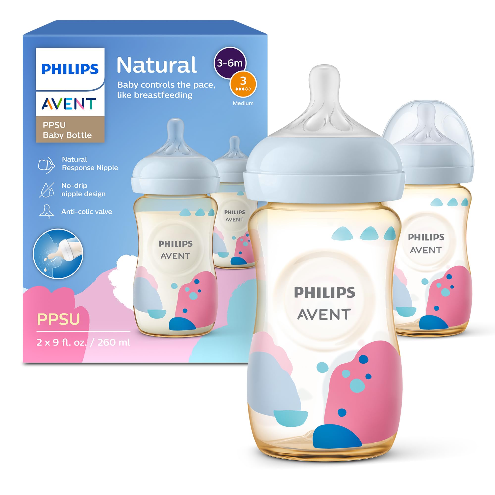 بطری‌های نوزادی طبیعی PPSU از جنس Philips Avent با جریان میانی (جریان 3)، 9 اونس، با تزئینات، بسته 2 عددی، مدل SCY943 / 02