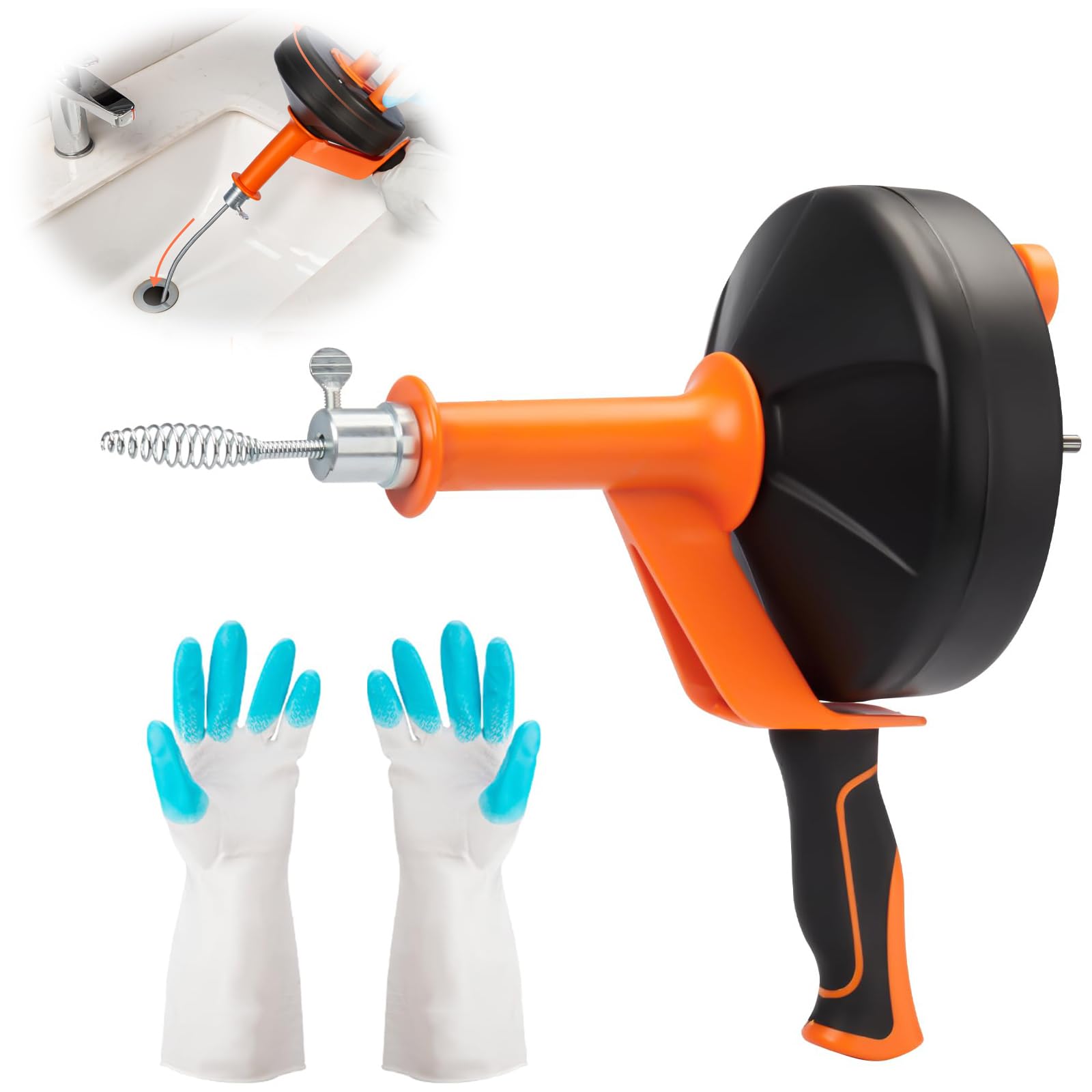 SYOSI 25FT Drain Auger با پیوستن حفاری و 2 در 1 حفاری دستی، مارپیچ لوله برای آشپزخانه، حمام، وان حمام و لوله‌های آب، شامل دستکش برای دسترسی آسان، فنر فولادی انعطاف‌پذیر برای لوله‌های چکنده‌یاطره‌ها