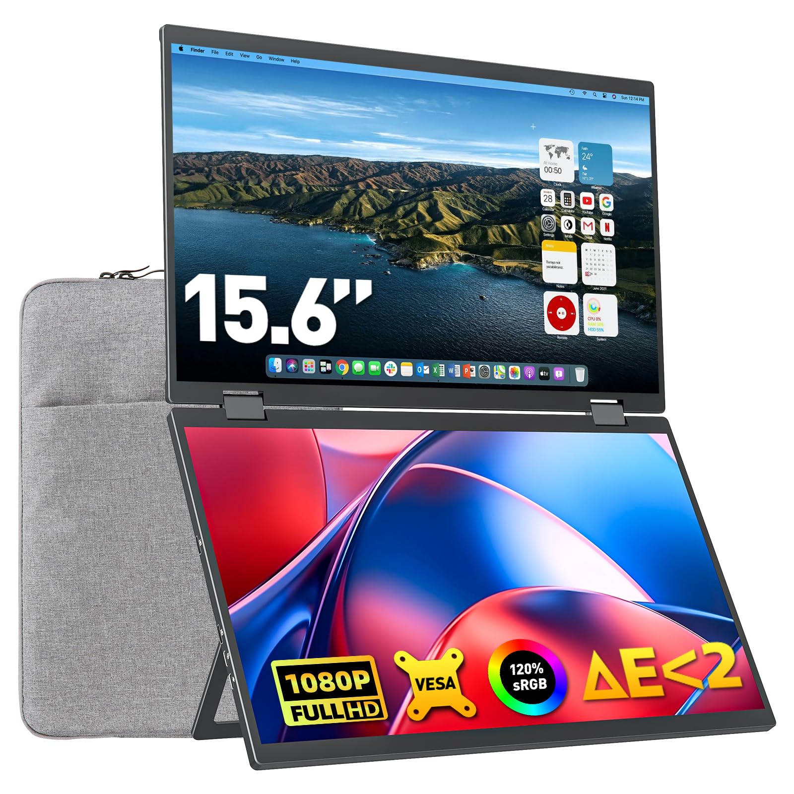 نمایشگر لپتاپ اُپرایزن 15.6 اینچ، ال ای دی فول اچ دی 1080پی، قابلیت تاشو 360 درجه، دو مانیتور قابل حمل با کیفیت رنگی 120٪ sRGB و ΔE کمتر از 2، پورت‌های HDMI و USB-C، منبع تغذیه از طریق لپتاپ، سازگار با ویندوز و مک با پایه قابل تنظیم و قابل نصب بر روی دیوار، 15.6 اینچ بزرگای FHD