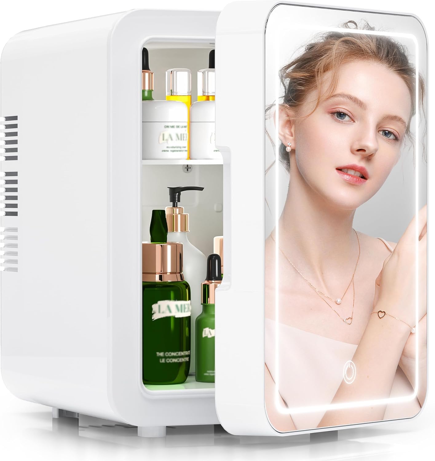 یخچال مینی مراقبت از پوست Taotique (4 لیتر / 6 باکس) با آینه دارای نور LED قابل تنظیم، خنک کننده و گرم کننده برای نگهداری از آرایش، مراقبت از پوست و غذا، یخچال مینی قابل حمل برای اتاق خواب، دفتر و ماشین (سفید)