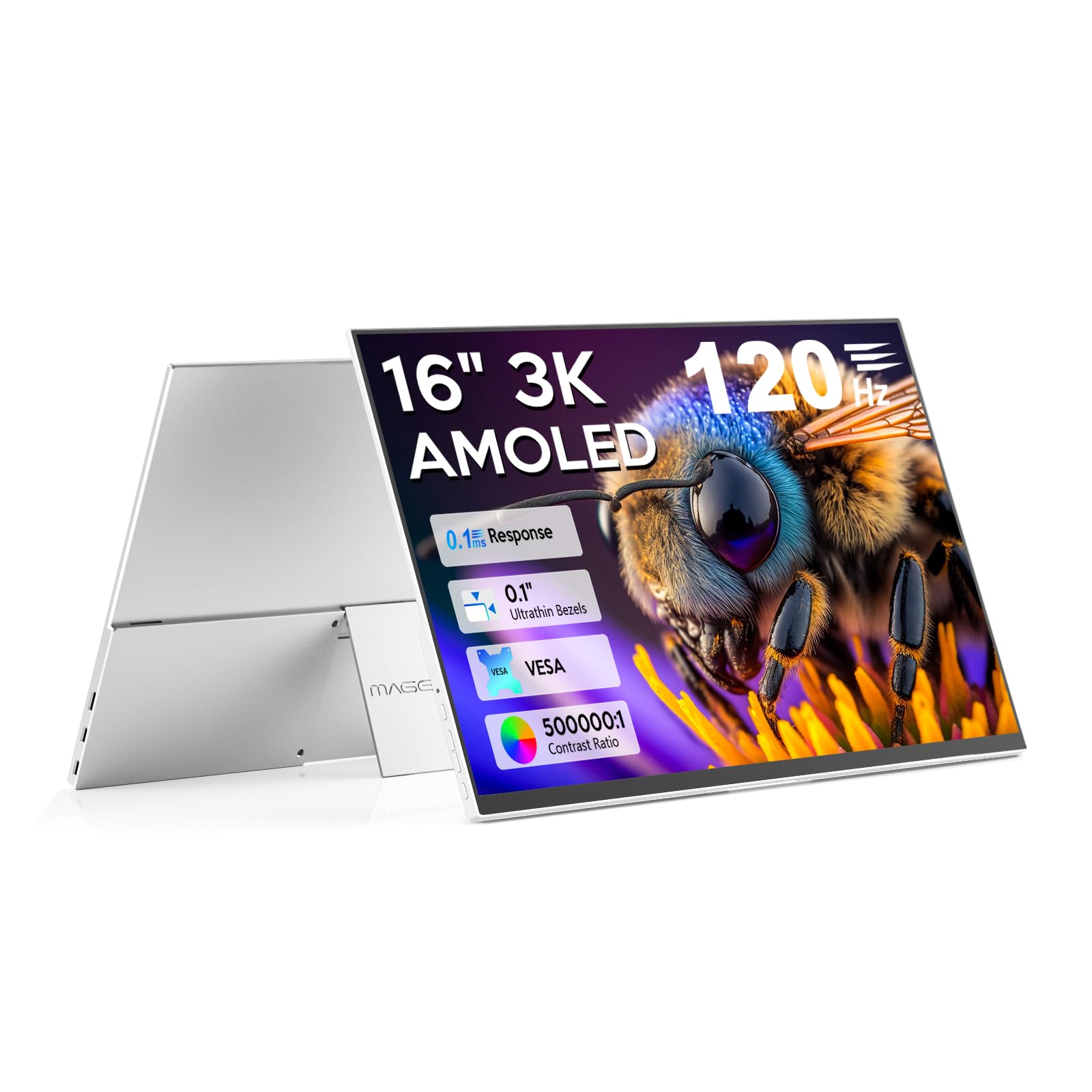 صفحه نمایش قابل حمل OLED 16 اینچ، 2880x1800 3K، 120Hz، 0.1 میلی ثانیه، با ورودی USB-C و HDMI، با حاشیه نمایش بسیار نازک، پوشش 120% DCI-P3، استند قابل تنظیم، بلندگوها، استاندارد VESA برای لپ تاپ، کامپیوتر شخصی کوچک، ویندوز، مک، تلفن همراه، PS4، PS5، و سوئیچ، رنگ نقره ای