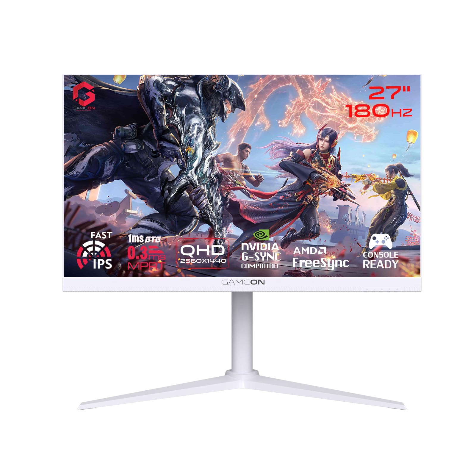 GAMEON GOA27QHD180IPS Arctic Pro-Series 27 اینچ سفید مانیتور گیمینگ، رزولوشن 2560x1440 پیکسل، 2K QHD، پنل IPS سریع، ۱۸۰ هرتز، ۰٫۳ میلی‌ثانیه، HDMI 2.1، پشتیبانی از FreeSync و G-Sync، دستیار نشانگر هدف، HDR، پلی استیشن 5 (PS5) و پشتیبانی از VRR