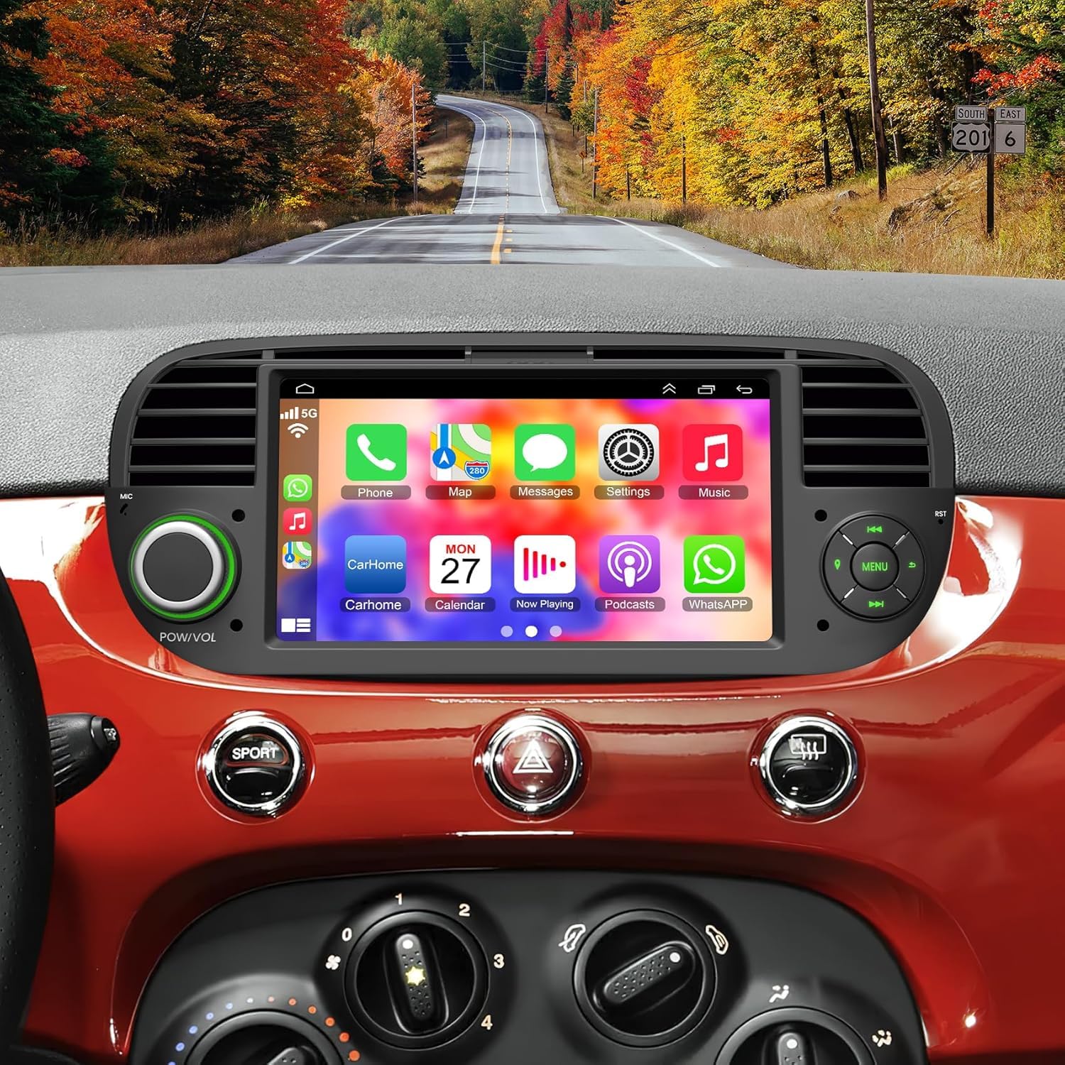 Car Radio for Fiat 500 2007-2015 with Wireless Carplay & Android Car Head Unit, 2+32GB 7 Inch IPS HD Touchscreen Car Radio with GPS Navigation/Voice Control/WLAN/SWC/Bluetooth 5.2/FM/Reversing Camera