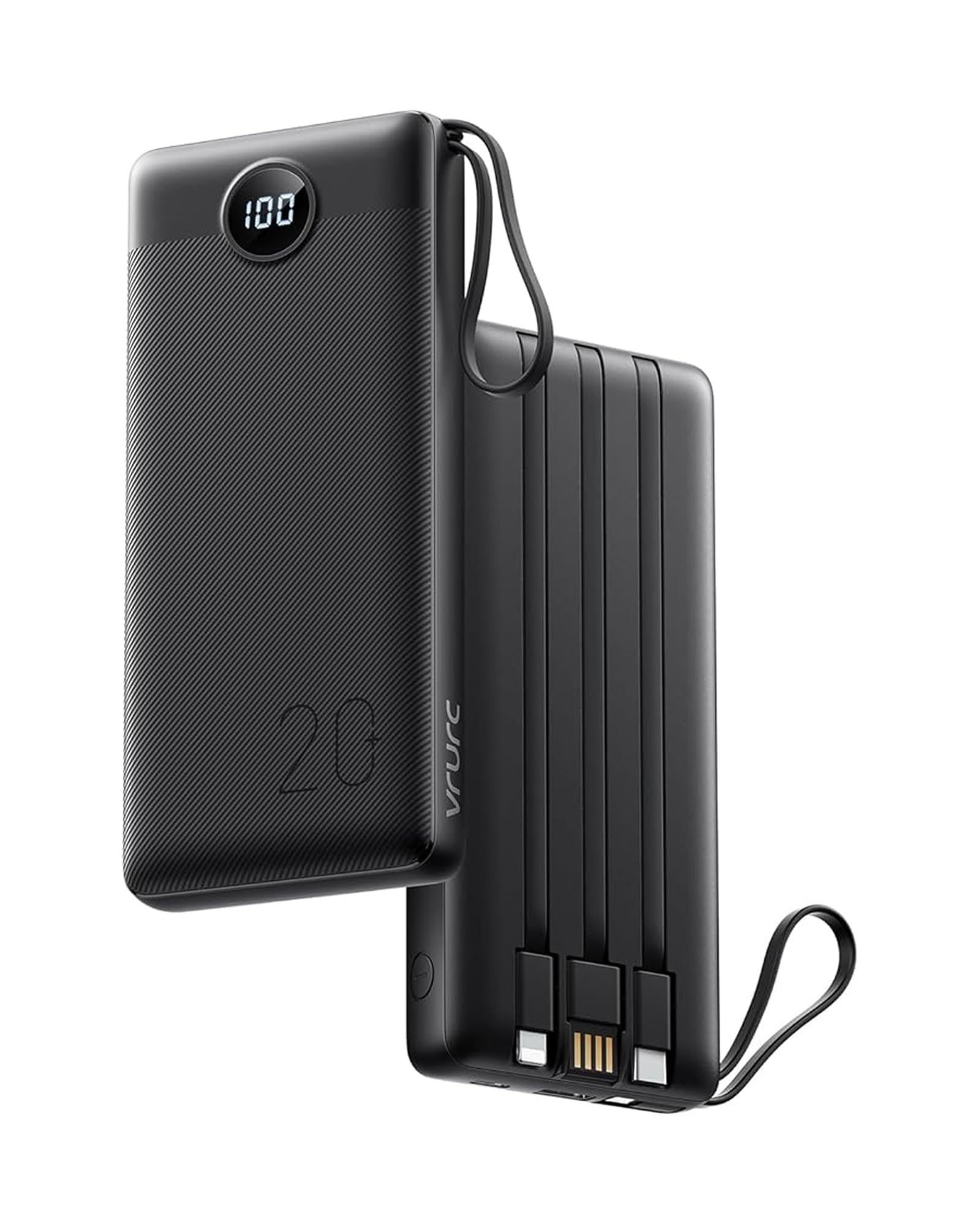شارژر قابل حمل VRURC با ظرفیت 20000mAh، پاوربانک شارژ سریع با کابل داخلی، باتری پک PD QC 3.0 USB C با نمایشگر LED، 4 خروجی و 2 ورودی شارژر تلفن برای آیفون، سامسونگ، اندروید - مشکی