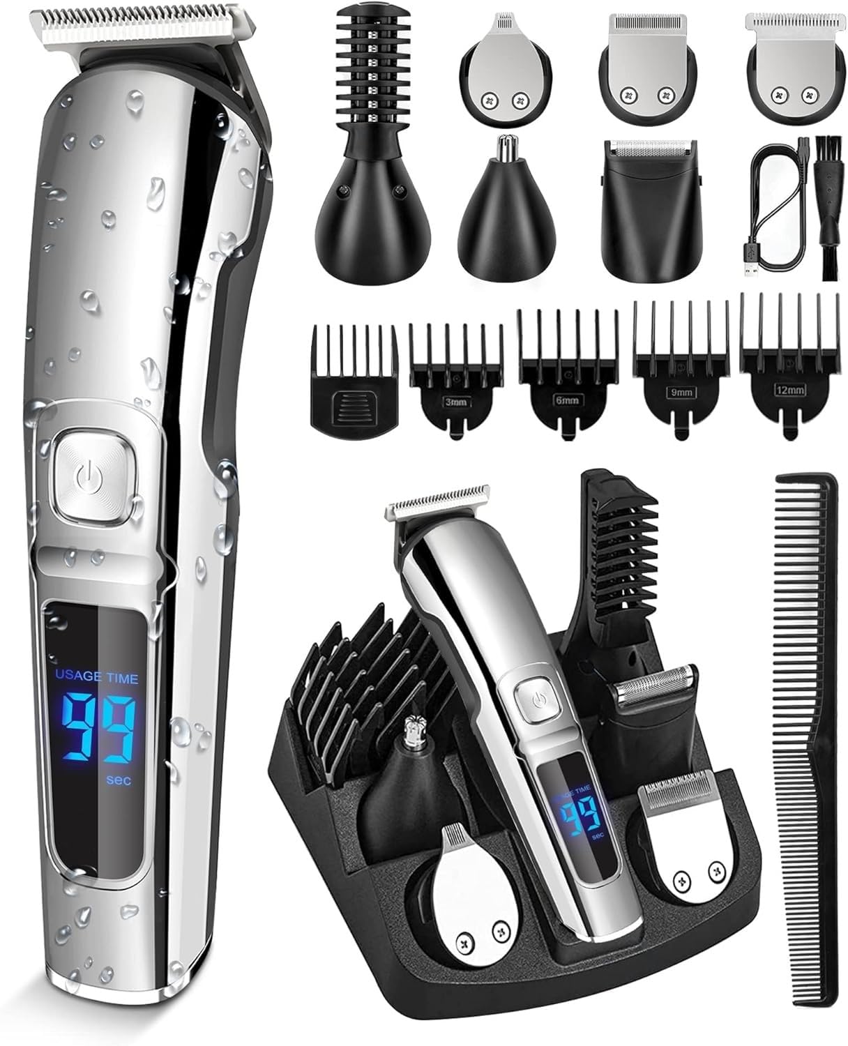 تراش مو و موی صورت SKY-TOUCH برای مردان، مجموعه مراقبت از خود 13 تکه ای، تراش مو برقی، تراش بینی و گوش، مجموعه تراش مو شارژی / بی سیم با پایه نگهداری هدیه برای مردان (سیاه)