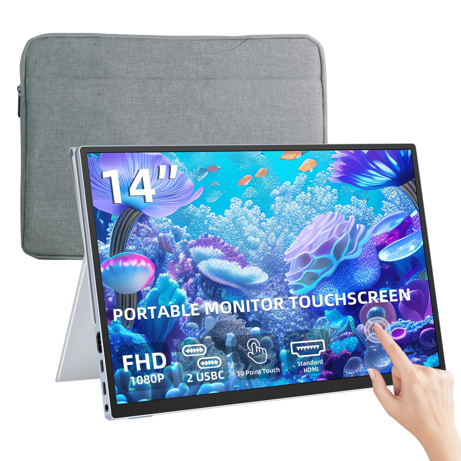 مانیتور قابل حمل لمسی 14 اینچ با رزولوشن 1920x1200P، نمایشگر باریک IPS فوق العاده ، مانیتور لمسی خارجی برای لپتاپ، مک، کامپیوتر شخصی، ایکس باکس، پی‌اس 4/5، سوئیچ، HDR، دارای بلندگوهای داخلی، رنگ خاکستری