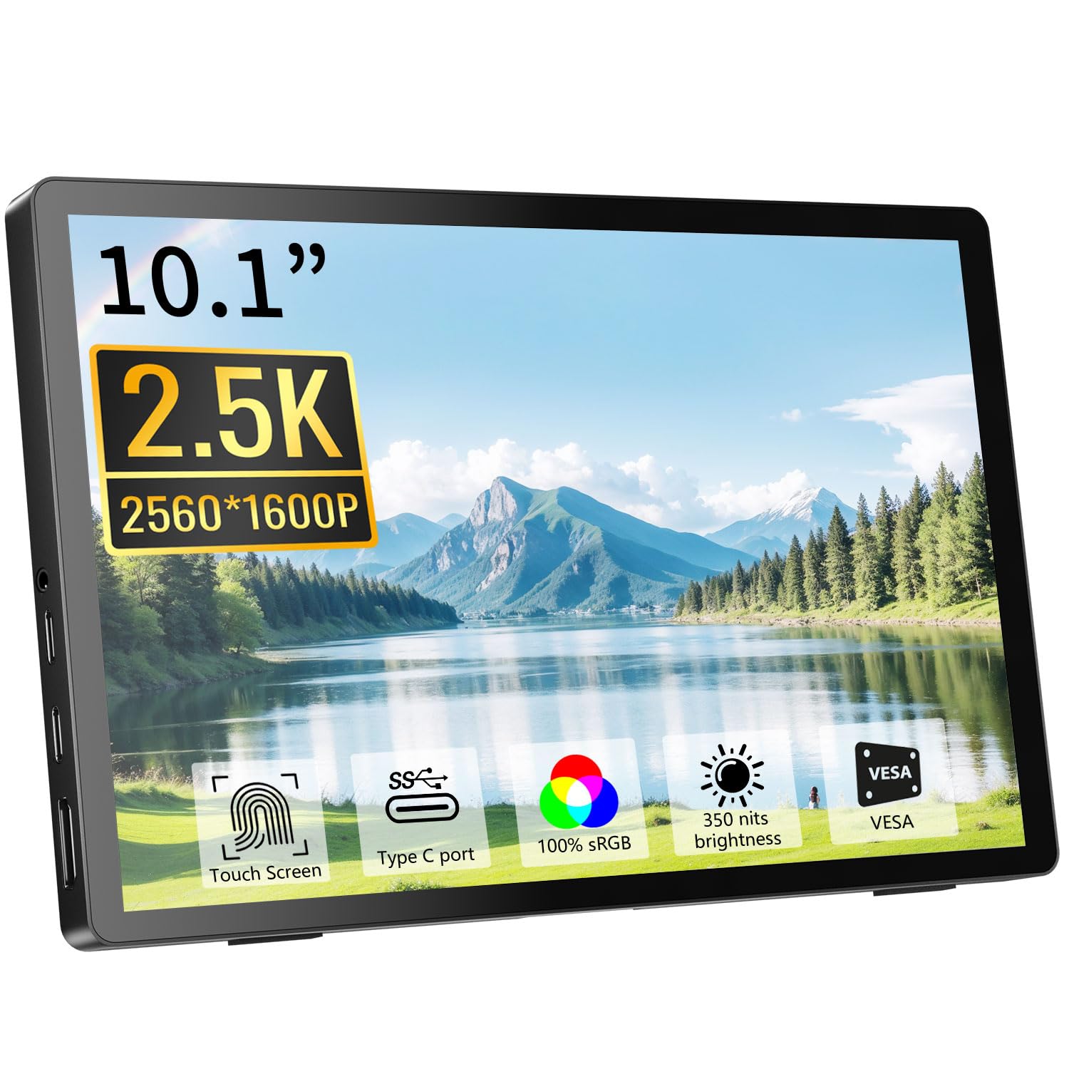 مانیتور قابل حمل لمسی، صفحه نمایش IPS QHD 2.5K 10.1 اینچ 2560x1600 تاچ اسکرین، مانیتور خارجی HDMI USB C برای لپتاپ، کامپیوتر شخصی، پلی استیشن ۴، ایکس باکس با بلندگوهای داخلی