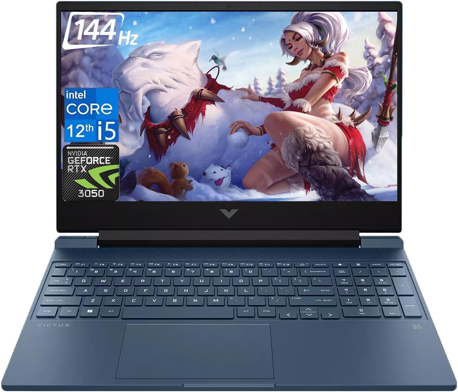 لپ تاپ بازی اچ‌پی ویکتوس 15.6 اینچ i5، صفحه نمایش 15.6 اینچ FHD 1920*1080 با فرکانس 144Hz، پردازنده اینتل Core i5-12450H، کارت گرافیک NVIDIA GeForce RTX 3050، 32 گیگابایت رم، 2 ترابایت حافظه‌ی اس‌اس‌دی، صفحه کلید با نور پس‌زمینه، تاچ‌پد، خواننده‌ی کارت حافظه‌ی اس‌دی، وب‌کم، HDMI، Wi-Fi 6، ویندوز 11 نسخهٔ خانگی، رنگ آبی