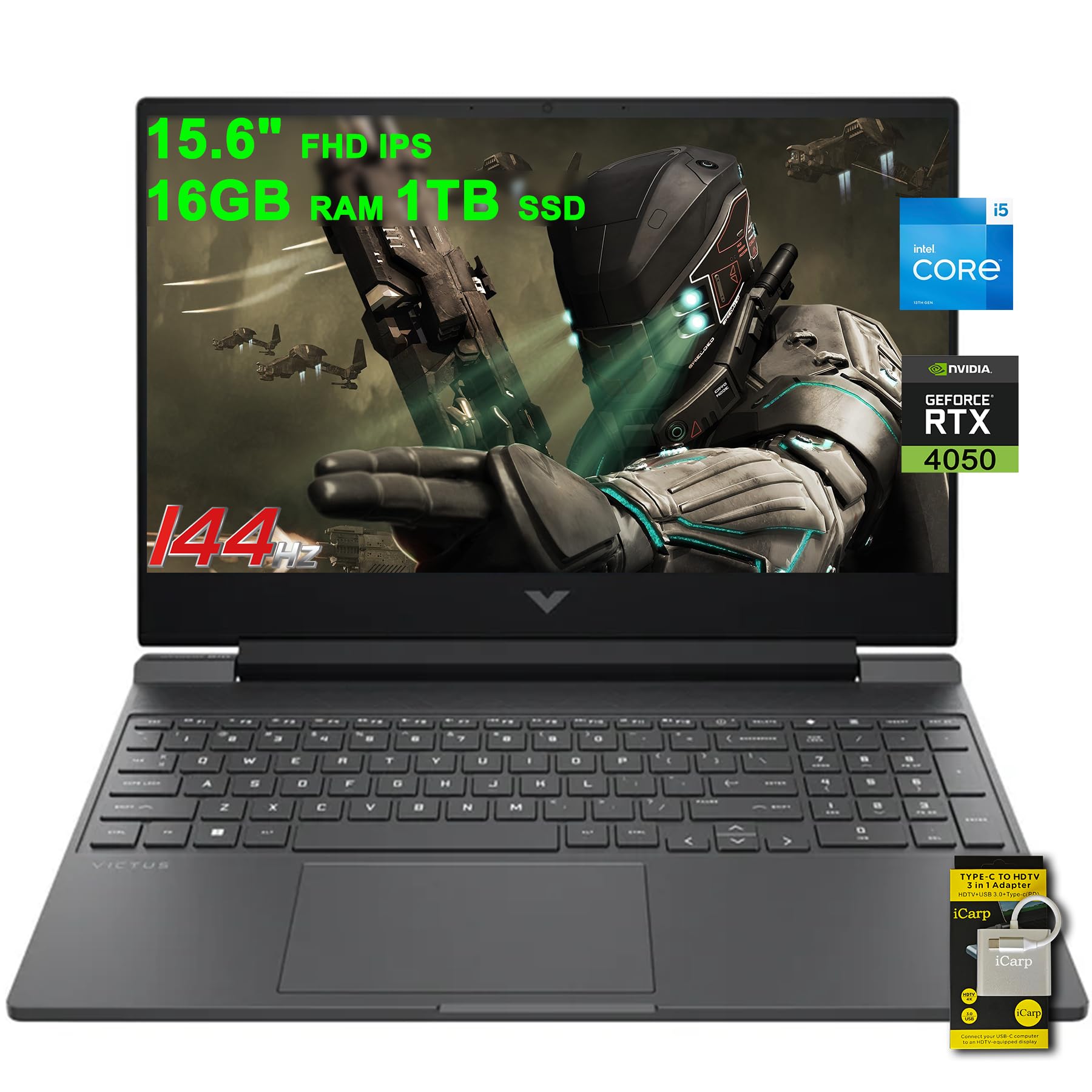 لپ‌تاپ بازی HP Victus 15.6 اینچ با صفحه‌نمایش FHD IPS 144Hz، پردازنده ۸ هسته‌ای اینتل i5-13420H (>i7-12650H)، ۱۶ گیگابایت رم، ۱ ترابایت حافظه جامد SSD، کارت گرافیک GeForce RTX 4050 با حافظه ۶ گیگابایت، ویژگی‌های نورپردازی Backlit و USB-C، شارژ سریع B&O، ویندوز ۱۱ به همراه لوازم جانبی ICP (به‌روزرسانی شده)، ۱۶ گیگابایت رم، و ۱ ترابایت حافظه جامد SSD