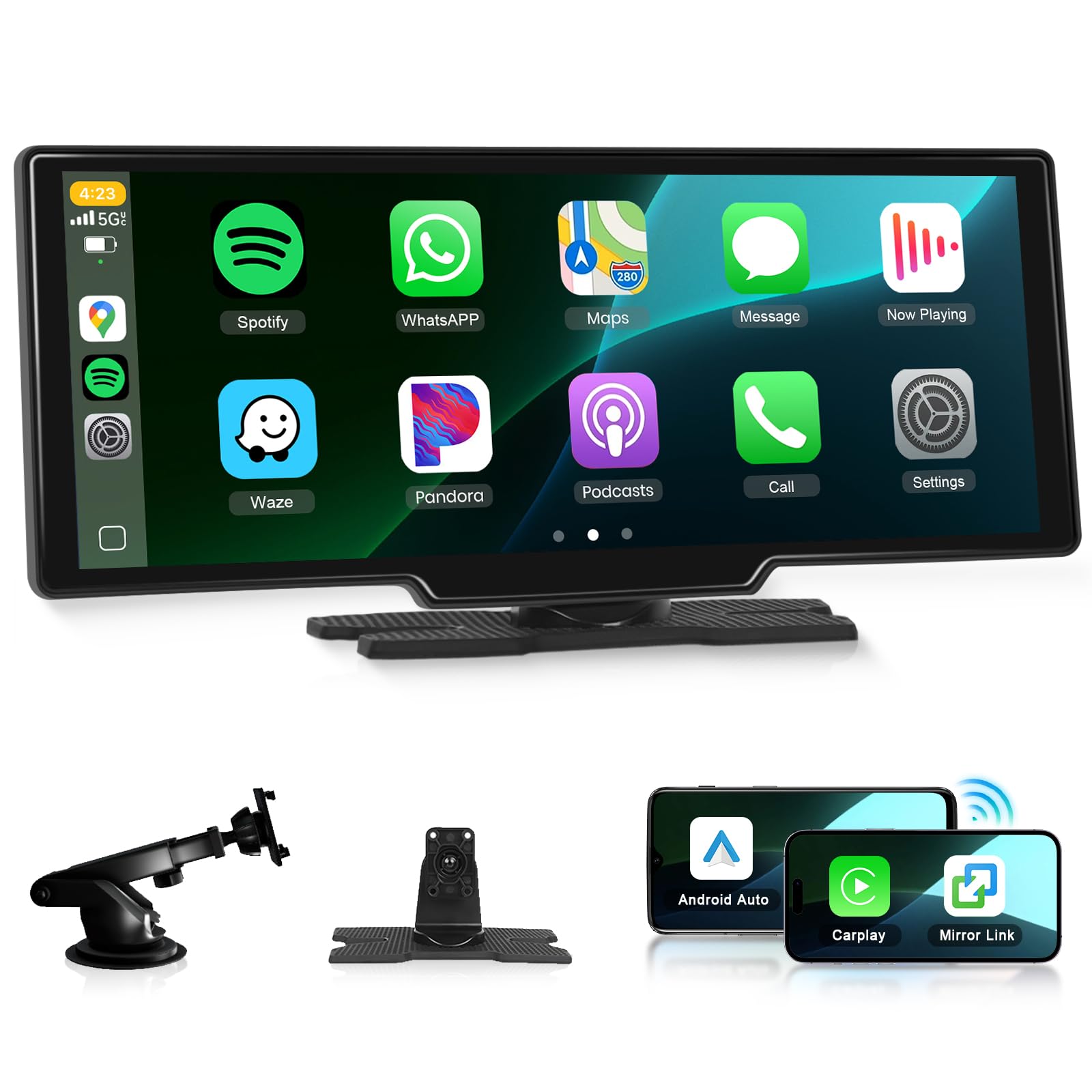 ماشینی پخش‌کننده بی‌سیم CarPlay & Android Auto، رادیو قابل حمل Podofo (10.26 اینچ) با صفحه نمایش IPS لمسی، پشتیبانی از SuperLink OTA، بلوتوث، GPS، کنترل صوتی، اشتراک آینه، FM، AUX