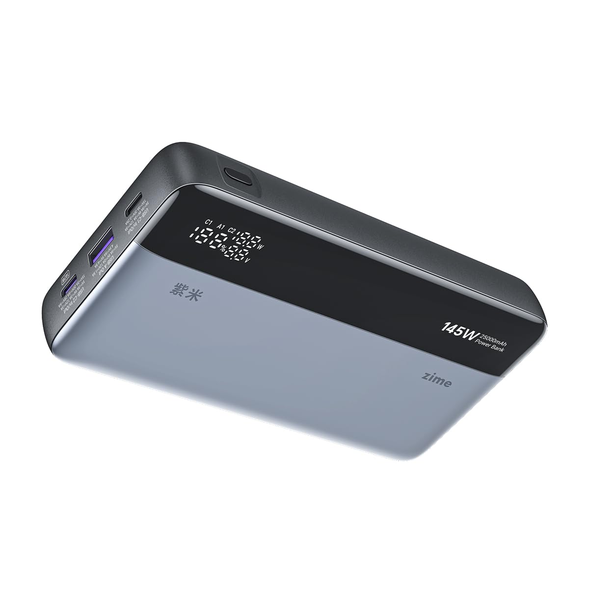 پاور بانک Zime B145 با ظرفیت 25,000 میلی آمپر ساعت، شارژر قابل حمل 3 پورت با خروجی 145 وات، نمایشگر دیجیتال هوشمند، سازگار با مک بوک پرو/ایر، آیفون سری 16/15/14/13، دل، سامسونگ، هوآوی