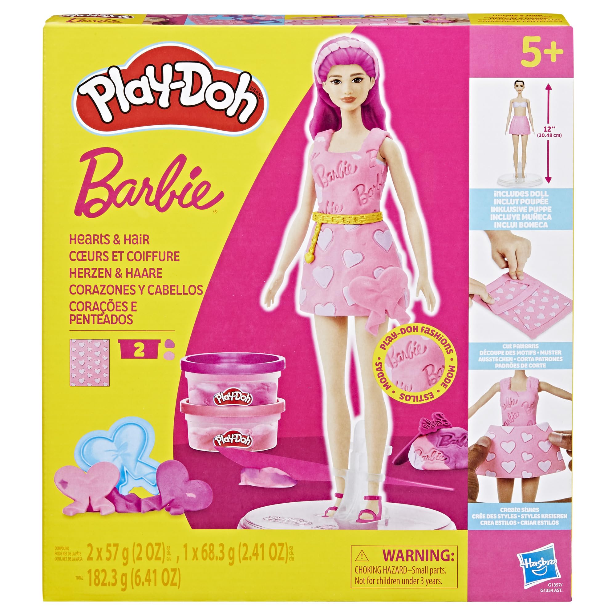 مجموعه Play-Doh Barbie Hearts and Hair ، با این مجموعه می‌توانید لباس‌های عروسک با ماده مدل‌سازی و ۱۰ لوازم جانبی مد را بسازید، هنرها و صنایع دستی برای دختران و پسران ۵ سال به بالا.
