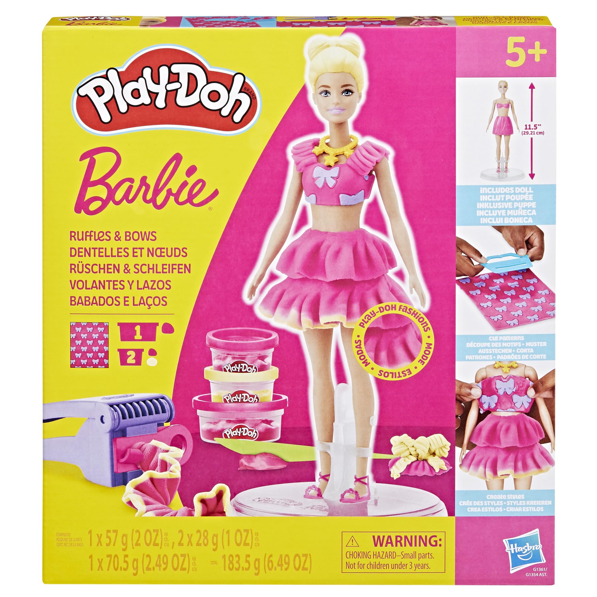 مجموعه بازی Play-Doh Barbie Ruffles and Bows، ساخت لباس برای عروسک با ماده مدلینگ و 9 لوازم جانبی مد و صنایع دستی برای دختران و پسران 5 سال و بالاتر