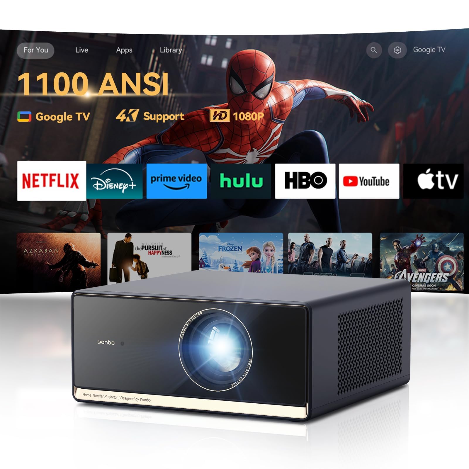 WANBO X5 Pro Projector FHD Native1080P 4K Supports,1100 ANSI || Google Assistant || Android TV 11 (2GB +16GB) || Auto(Focus+Keystone+Obstacle Avoidance) || 10W Speaker || Dual WiFi, BT 5.0 Movie Night