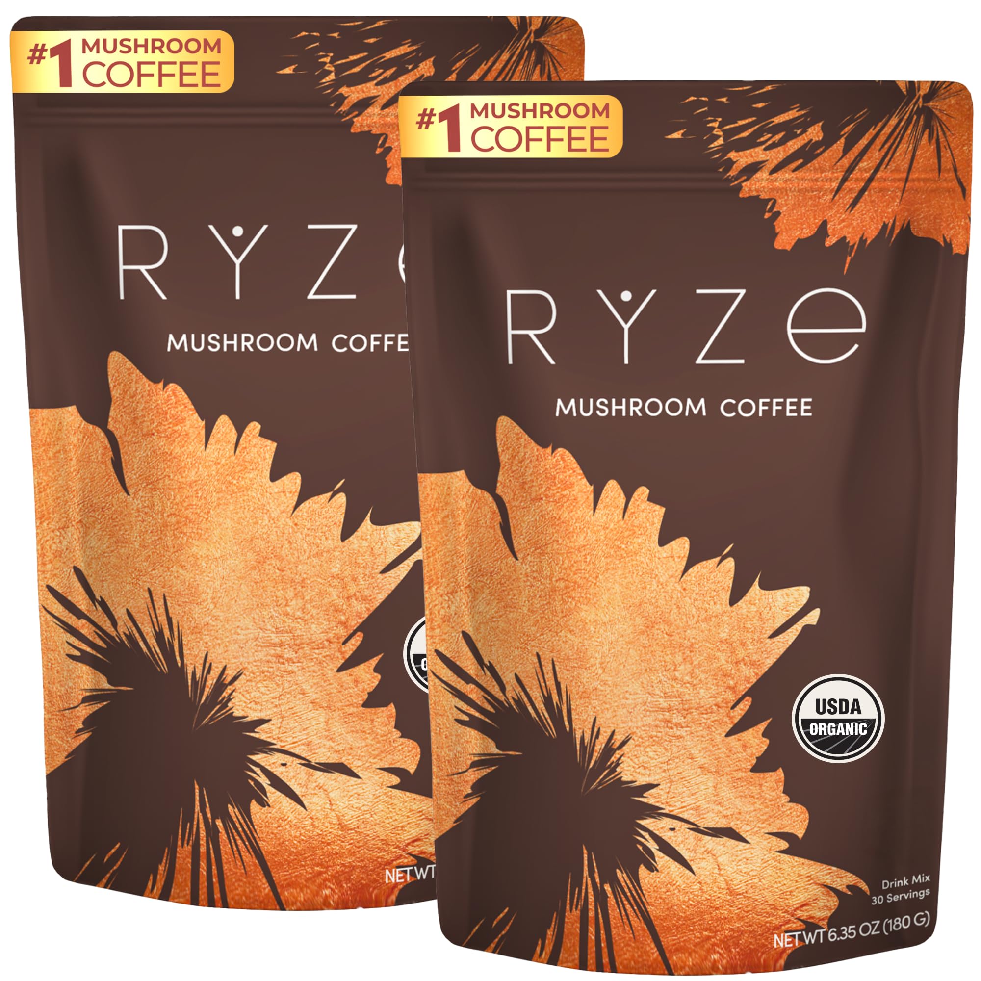 پک شروع کننده قهوه قارچی RYZE SUPERFOODS، قهوه فوری ارگانیک USDA با 6 قارچ تطبیقی و روغن MCT برای انرژی بهتر، تمرکز، هضم و ایمنی با شیرینه شیر و تورکی تیل، 60 سروینگ