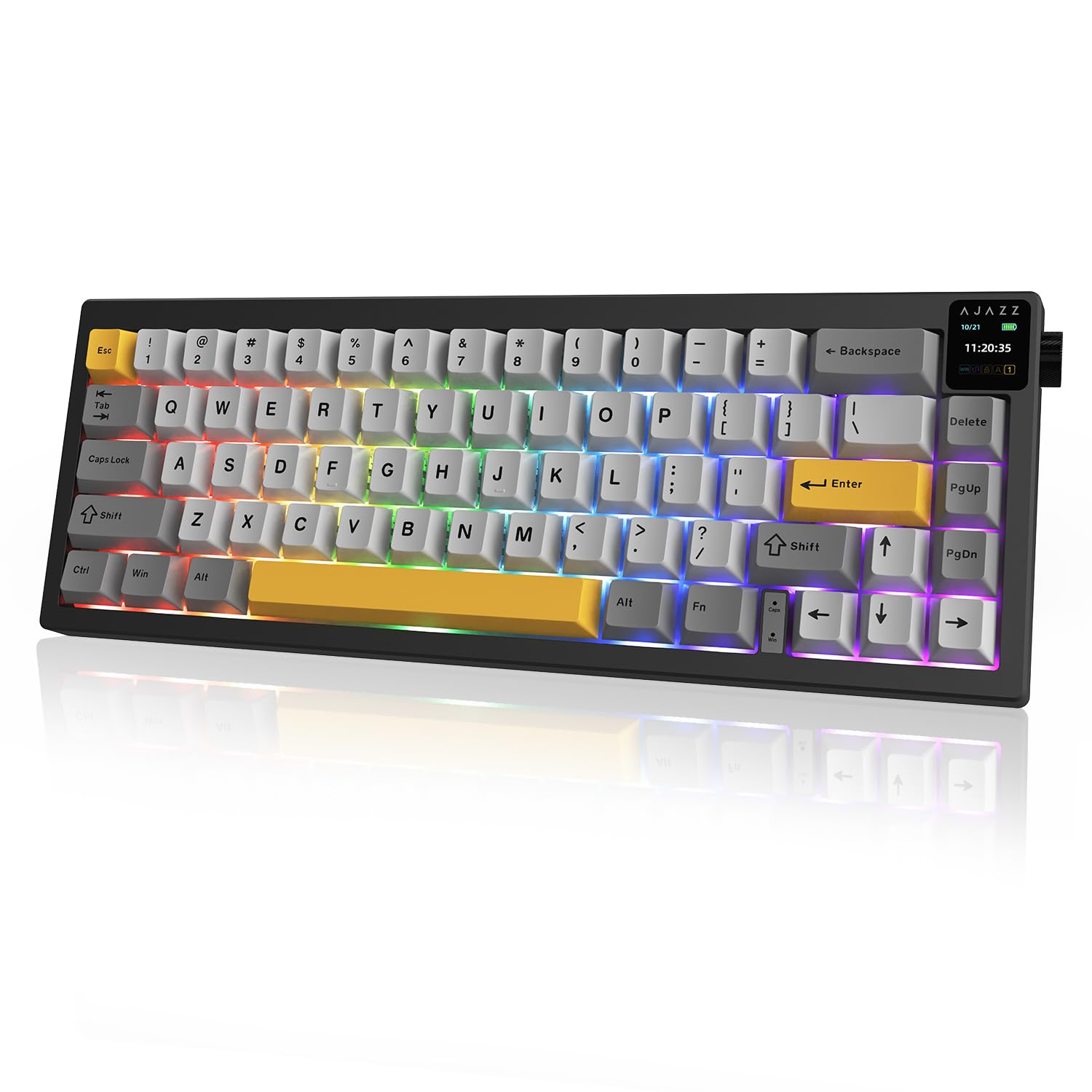 صفحه کلید مکانیکی بازی AJAZZ AK650 با لایه 65٪، قابلیت جایگذاری گرم، دارای دیسپلی رنگی TFT با ابعاد 0.85 اینچ، دسته چرخ| سیمی| بی‌سیم 2.4 گیگاهرتز (Flying Fish Black Yellow)