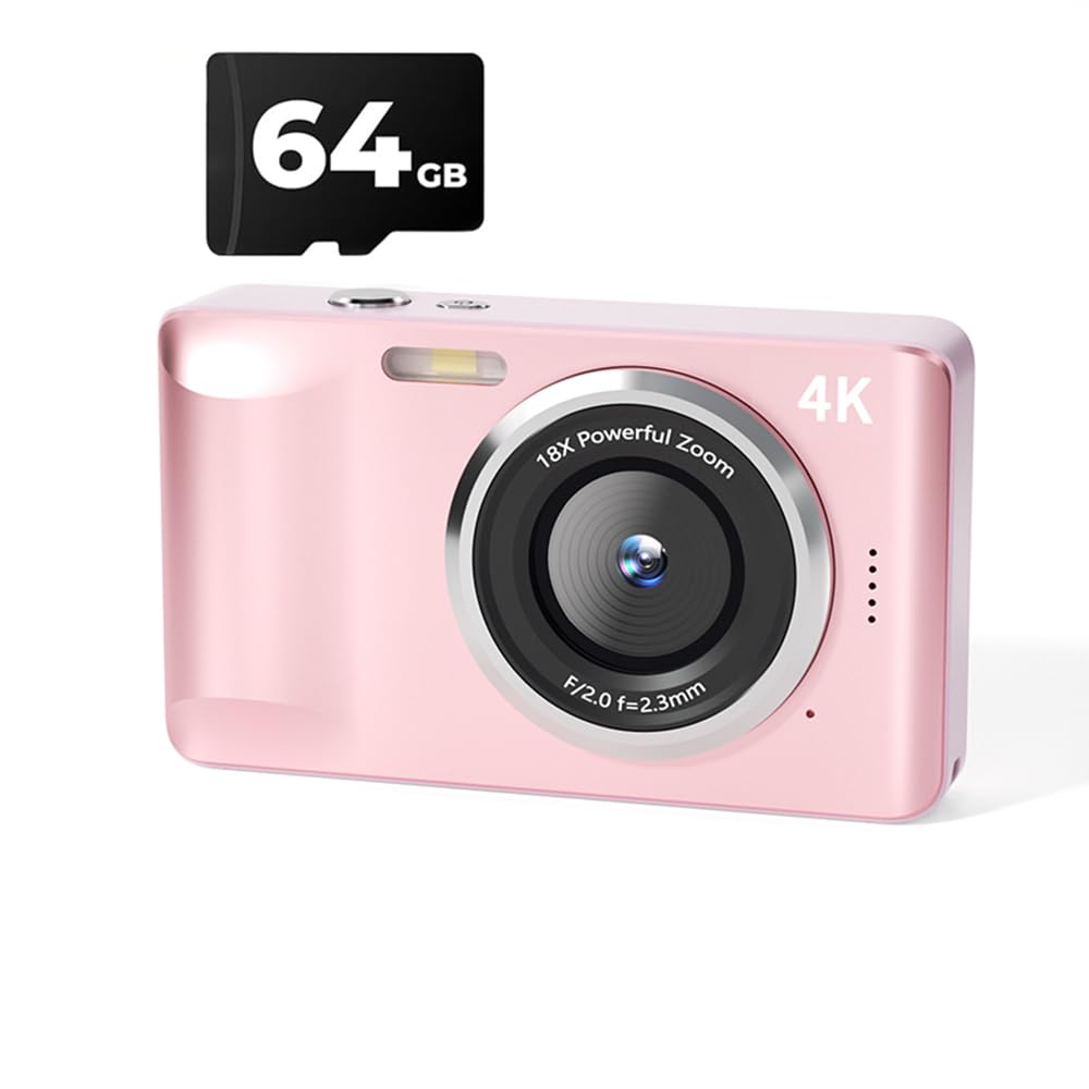 دوربین دیجیتال HD 4K، زوم دیجیتال ۱۸ برابر با ضد لرزش، کارت حافظه ۶۴GB، صفحه نمایش LCD ۲.۸ اینچ، سبک، قابل حمل، مینی و اولتراتن رترو (صورتی)