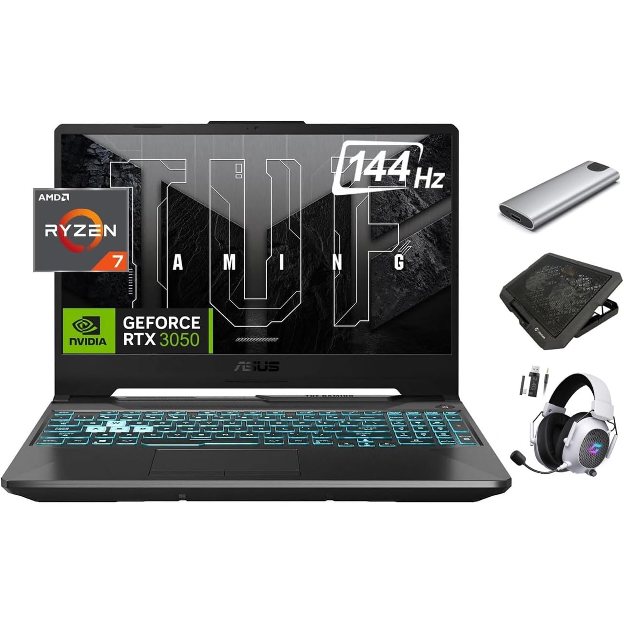 لپ تاپ بازی ایسوس TUF 2024 A15، 15.6 اینچ 144Hz FHD، Ryzen 7 7435HS 8-هسته‌ای (بهتر از i7-13620H)، GPU NVIDIA RTX 3050، 32GB RAM، 2TB SSD + 256GB پرتابل SSD، صفحه کلید RGB، RJ45، کیپد، باندل بازیکن، ویندوز 11