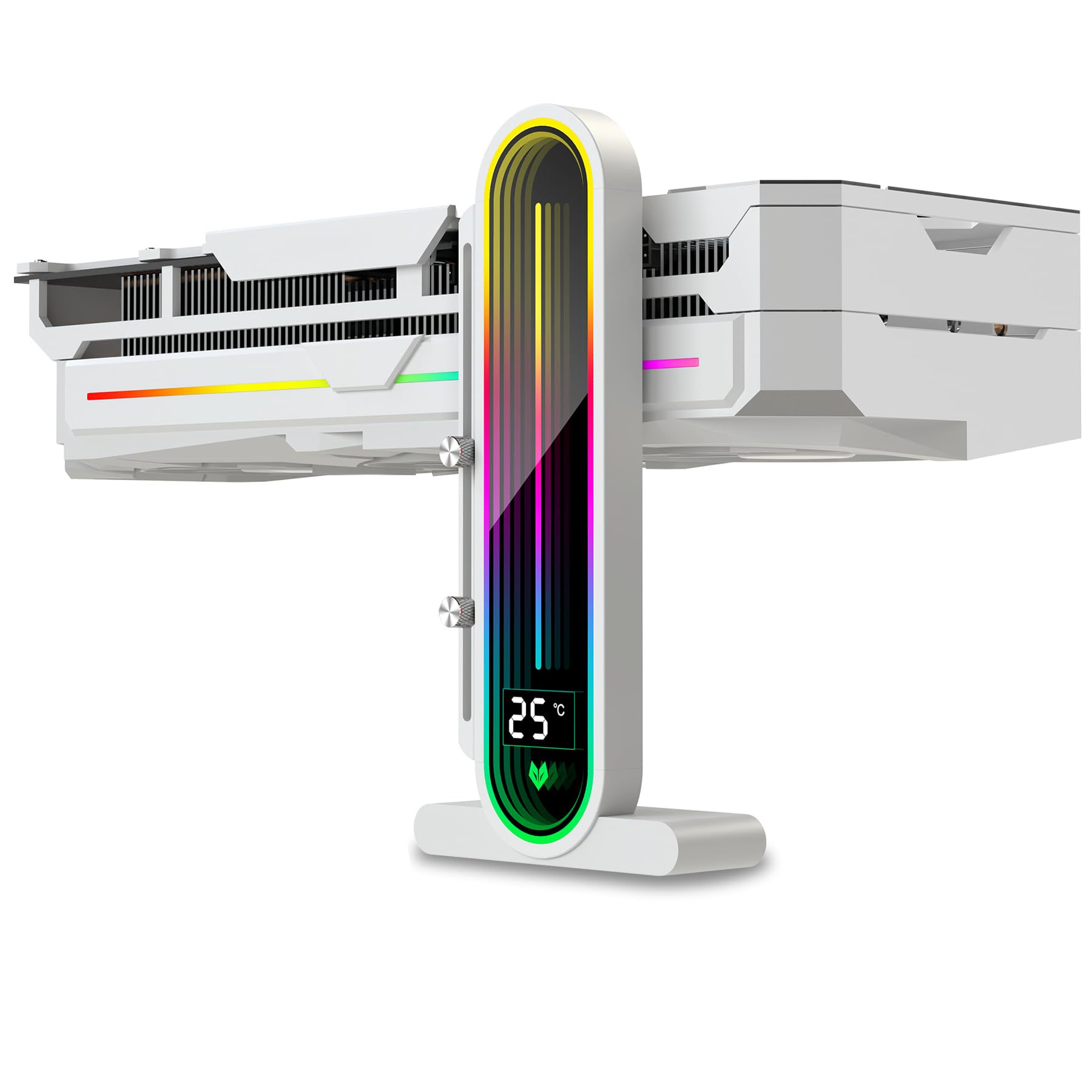 قاب نگه دارنده GPU RGB با نمایش دما، صفحه بازتابی آینه، پشتیبانی از دو کارت GPU، ارتفاع قابل تنظیم، آلیاژ آلومینیوم، آهنربا و پد سیلیکون قدرتمند، 5 ولت 3 پین سفید