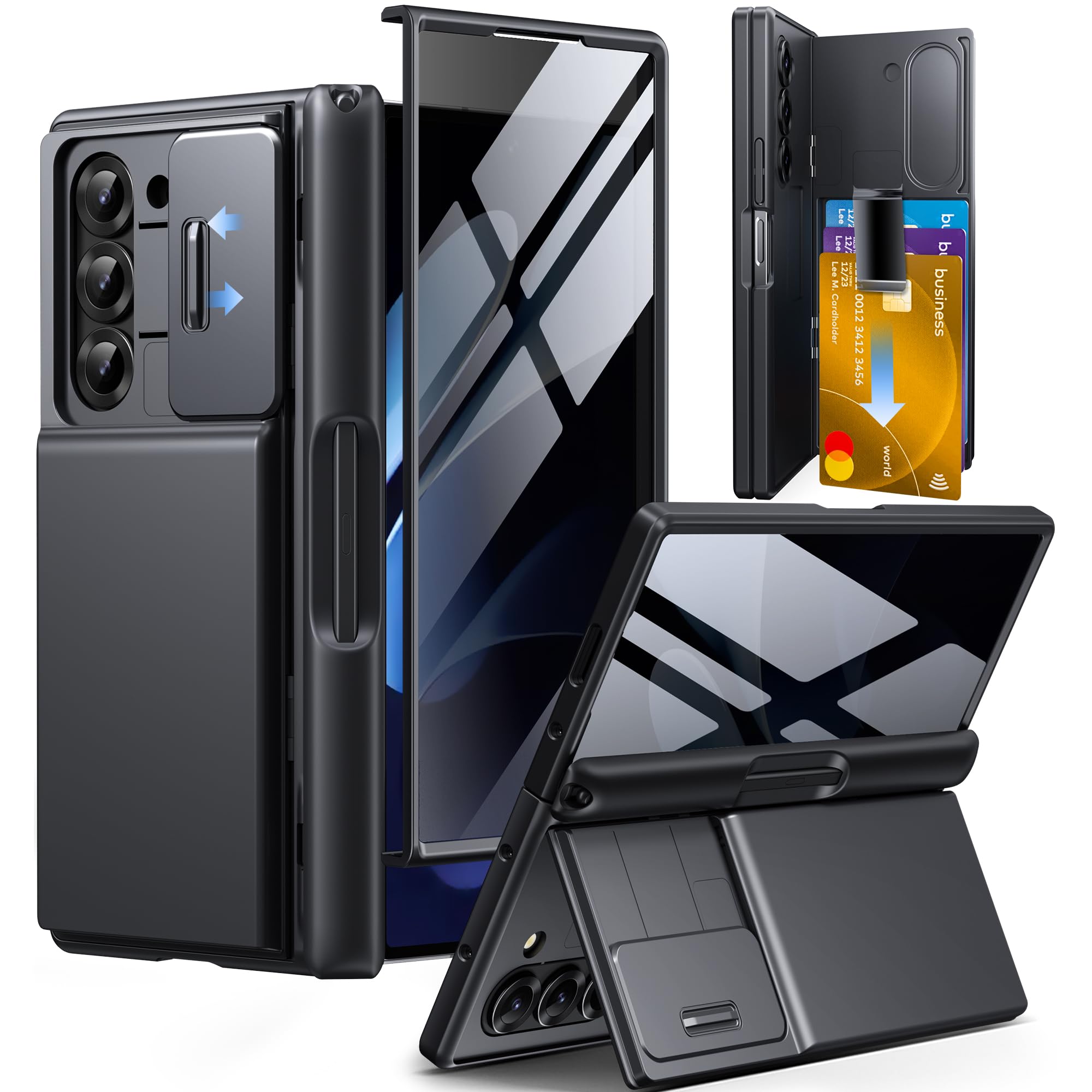 کیف پول TONGATE برای محافظ Z Fold 6 با محافظ صفحه نمایش حریم خصوصی، [ضد جاسوسی][قابلیت نگهداری کارت] دارای نگهدارنده S Pen و پایه نگهدارنده و پوشش دوربین، کیف ضد شوک Z6 برای گوشی سامسونگ گلکسی Z Fold 6، زد 6 سیاه با شکاف Spen و فیلم حریم خصوصی صفحه نمایش سیاه