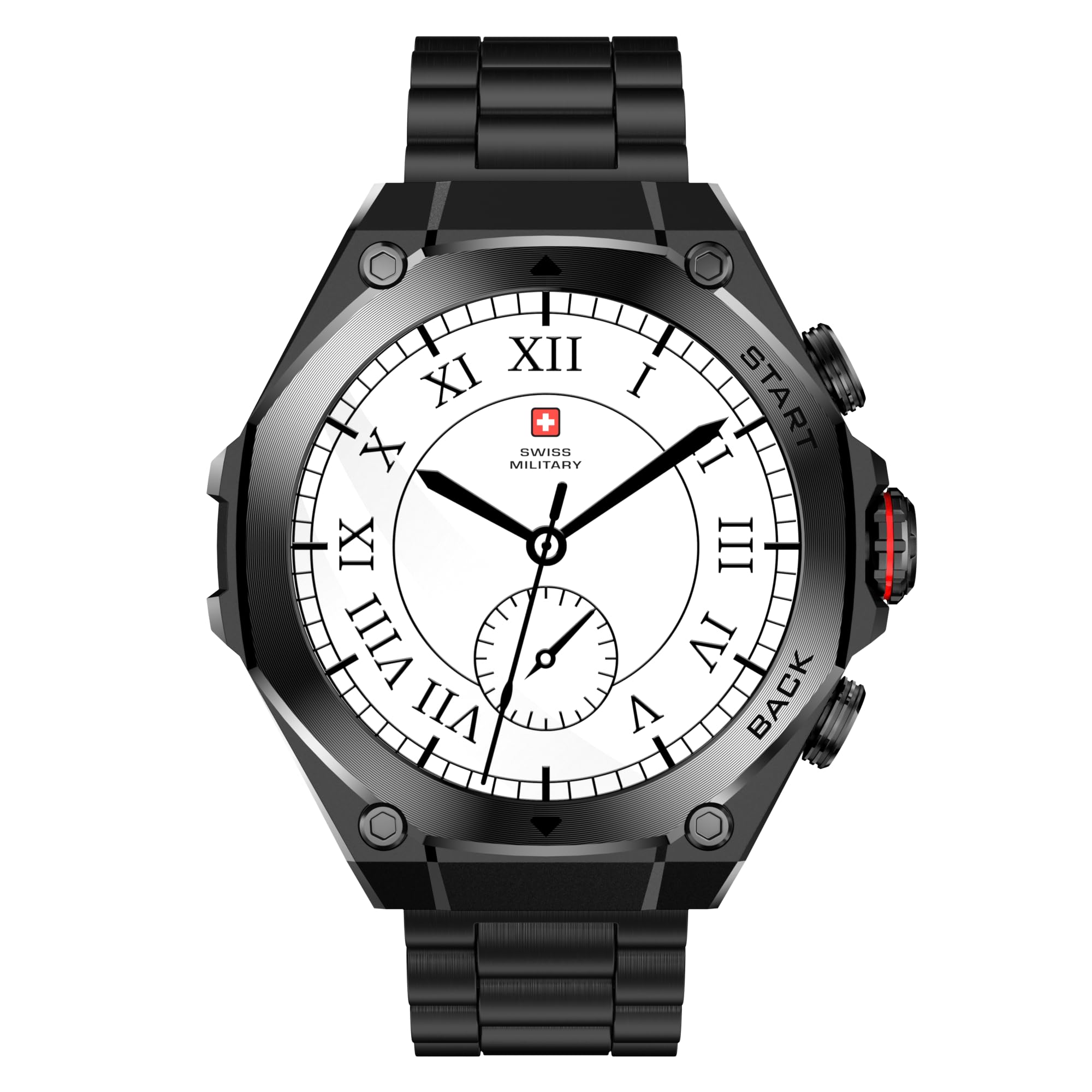 ساعت هوشمند Swiss Military DOM6 با صفحه نمایش 1.43 اینچی AMOLED، قابلیت تماس از طریق بلوتوث، چند زبانه، پیگیری سلامت و ورزش، شارژ بی‌سیم، باتری 7 روزه، IP67، سازگار با iOS/Android، قاب و بند فلزی گان‌متال