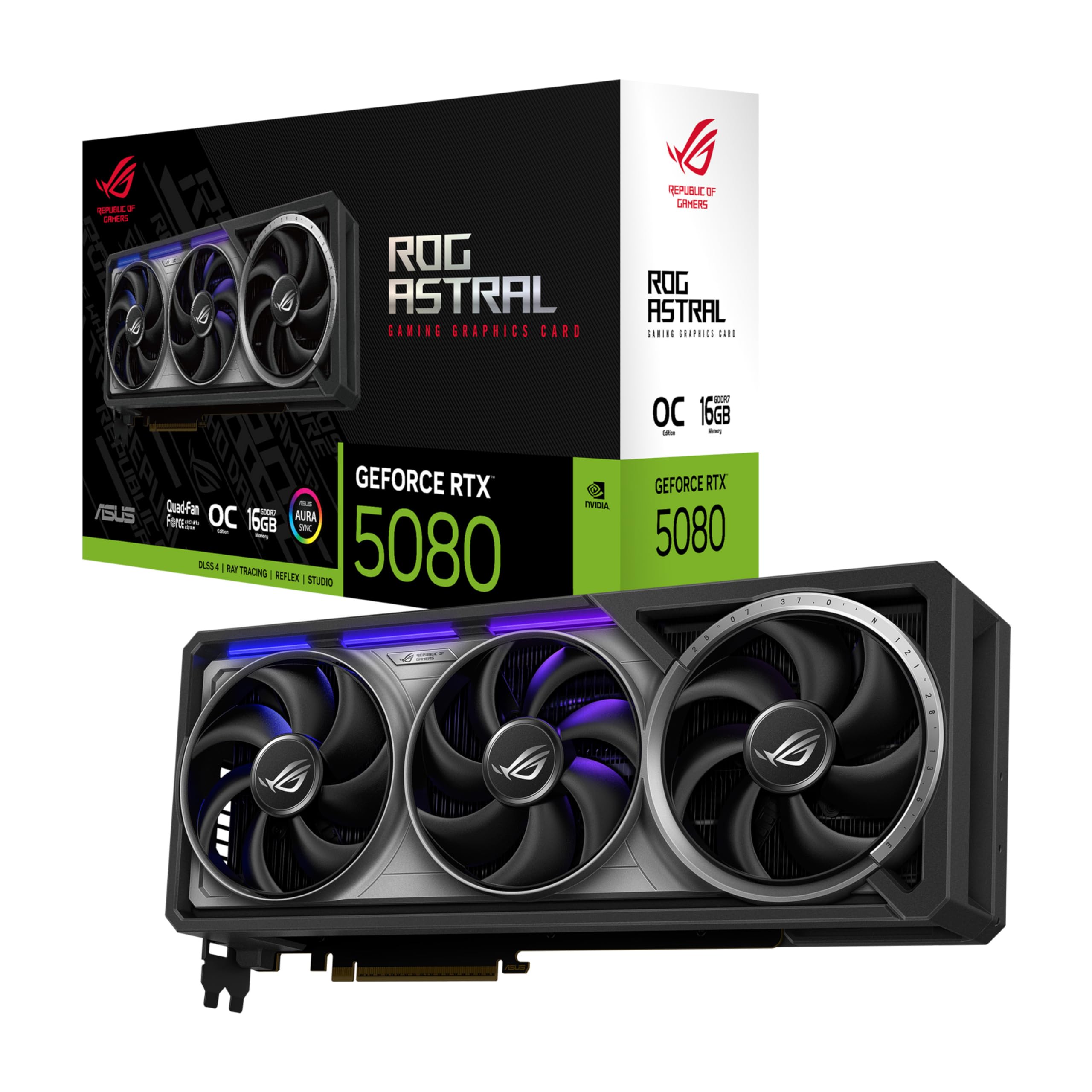 کارت گرافیک بازی ASUS ROG Astral GeForce RTX™ 5080 OC Edition (PCIe® 5.0، 16GB GDDR7، HDMI®/DP 2.1، 3.8-Slot، طراحی 4 پره ان، پشتیبانی از فن‌های Axial-tech، بخاری پتنت شده، پد حرارتی GPU با تغییر فاز)