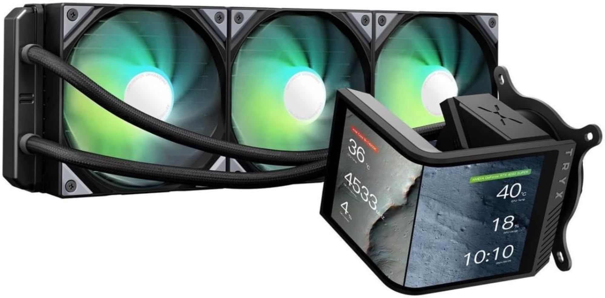 تلاش کنید، TRYX Panorama SE 360 ARGB 360mm AIO 6.5'' AMOLED با صفحه مدور قابل چرخش اثر 3 بعدی انامورفیک پذیر با استفاده از سردکننده قابل تنظیم AIO Cooler 360mm Asetek Adela 280w TDP ARGB Fan Intel LGA 1851/1700/1200/115X AMD AM5/AM4 چندرنگ‌های.