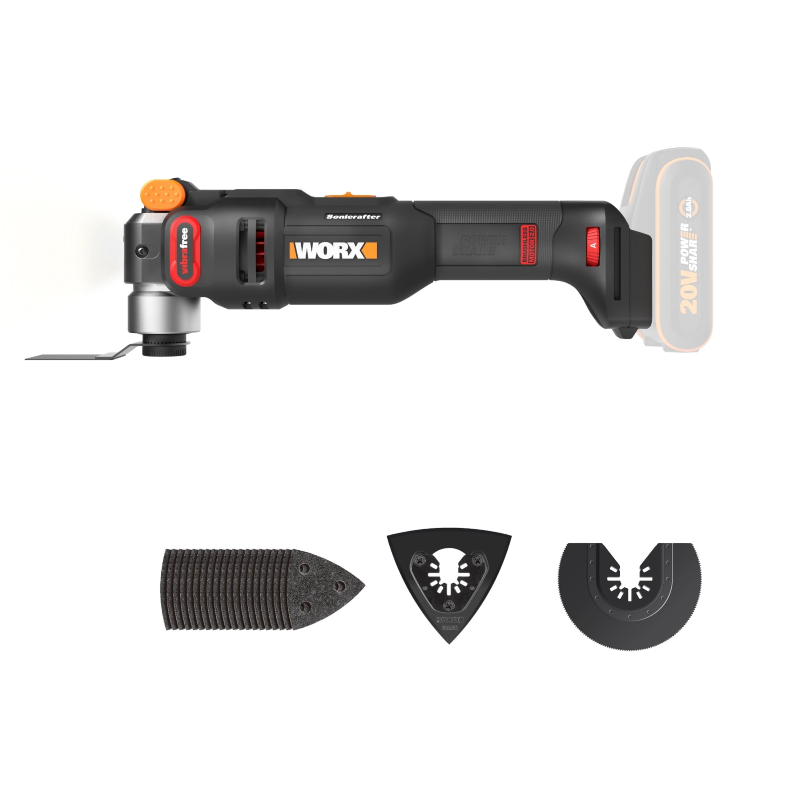 ابزار چندکاره باتری Nitro WX698.9 Sonicrafter از WORX - موتور براشلس - قدرتمندسازی - برای برش، اره‌زنی، سنباده‌زنی - ۱۰۰۰۰-۲۰۰۰۰ دور در دقیقه - بدون باتری و شارژر