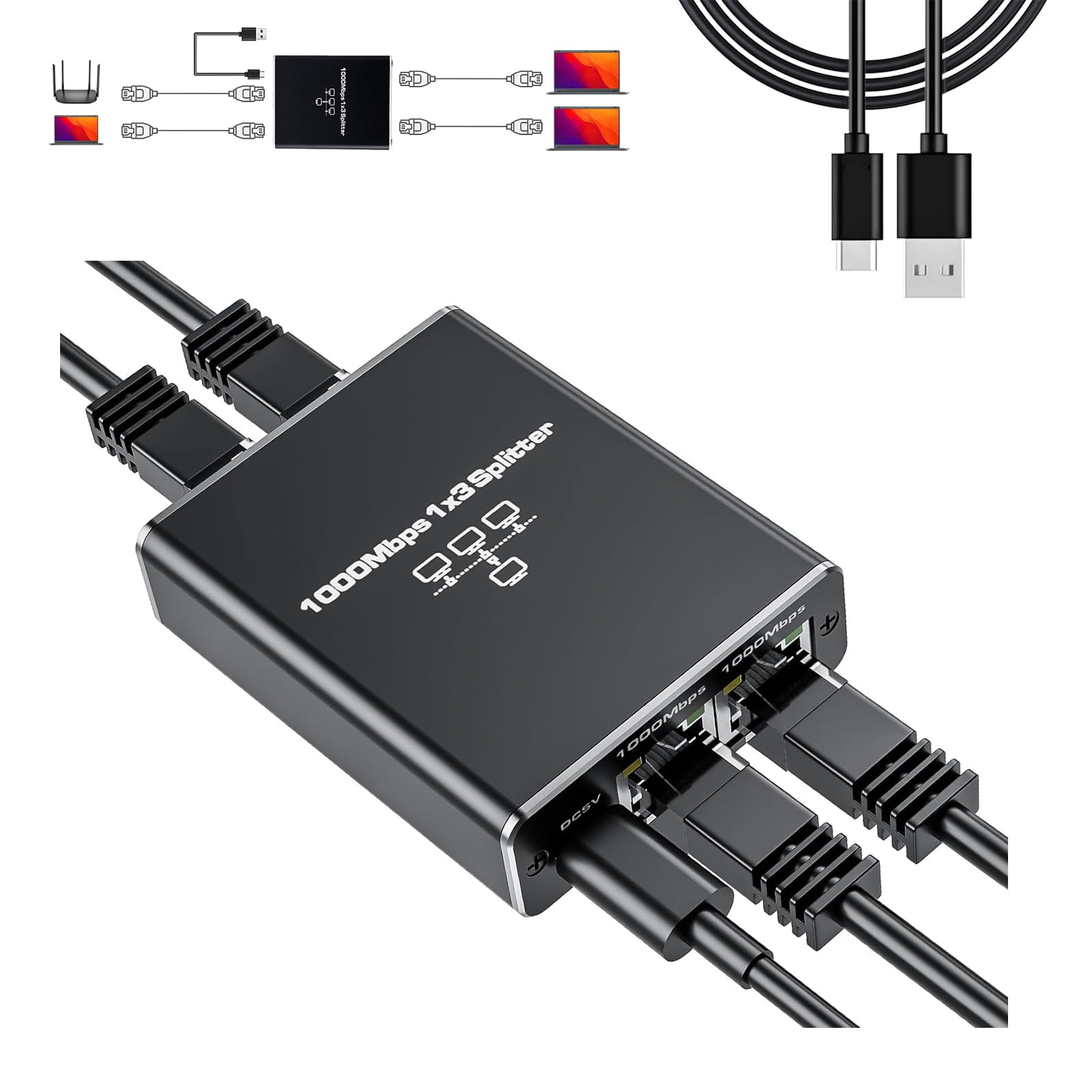 تقسیم‌کننده اترنت 1 به 3 با سرعت بالا 1000 مگابیت بر ثانیه، تقسیم‌کننده اترنت RJ45 گیگابیت با کابل برق USB C، 1 ورودی 3 خروجی، پشتیبانی از تایم‌شیمی انجام شبکه‌بندی همزمان برای 3 دستگاه با کابل‌های Cat8/7/6/5/5e
