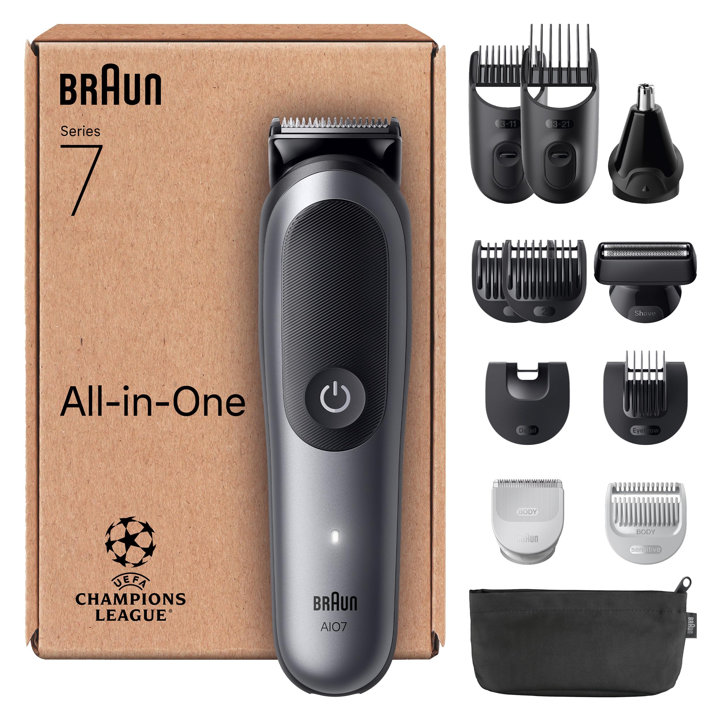 مجموعه مراقبت از زیبایی Braun All-in-One Series 7، 12 در 1، ProBlade و AutoSense، 120 دقیقه، SkinGuard و Beard Fading، AquaGrip برای استفاده زیر آب، AIO7545، خاکستری