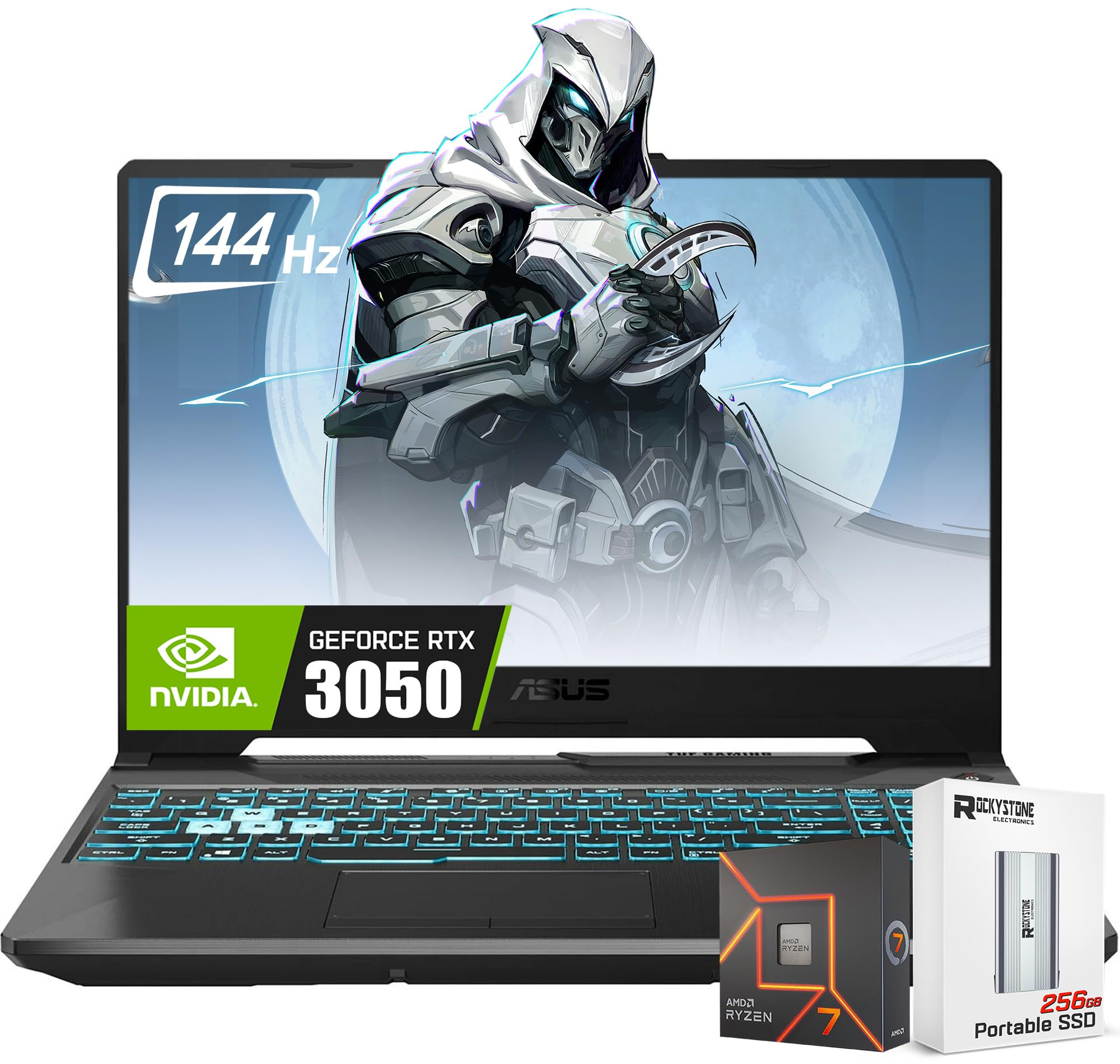لپ تاپ بازی 15.6 اینچی ASUS TUF A15 با صفحه نمایش FHD 144Hz، پردازنده 8 هسته‌ای AMD Ryzen 7-7435HS، گرافیک Nvidia Geforce RTX 3050، حافظه RAM DDR5 32GB، یک ترابایت SSD، صفحه کلید با نور پس زمینه RGB، Wi-Fi 6، ویندوز 11 هوم، با یک Portable SSD 32GB | 1024GB SSD